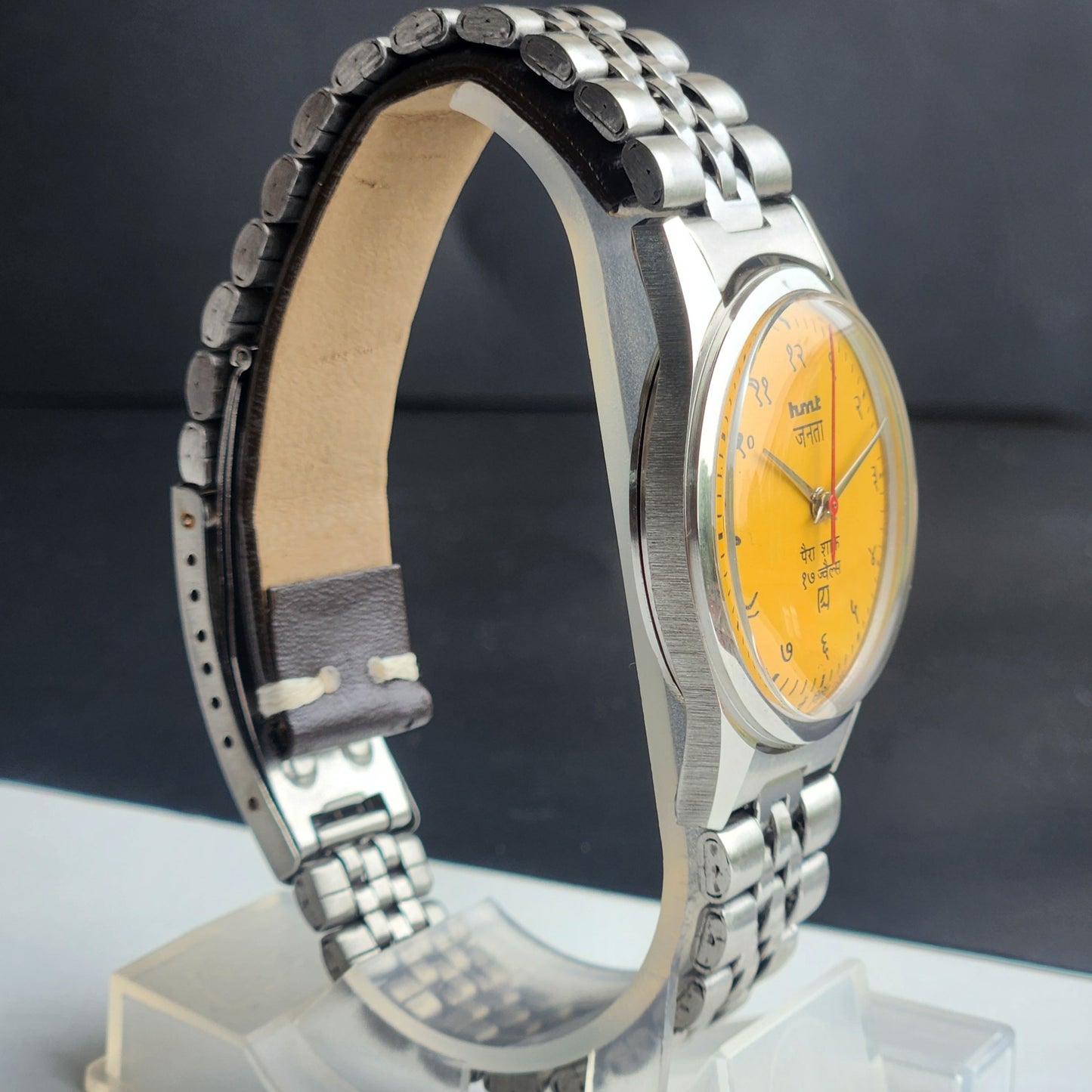 Vintage HMT Janata Devanagari Hand Winding 17 Jewels Yellow Face 35MM Silver Case Exhibition Back Men's Wrist Watch G55