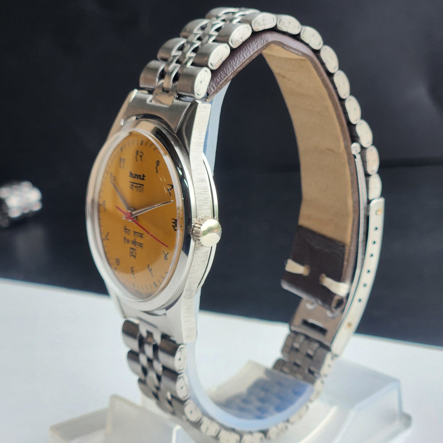 Vintage HMT Janata Devanagari Hand Winding 17 Jewels Yellow Face 35MM Silver Case Exhibition Back Men's Wrist Watch G55