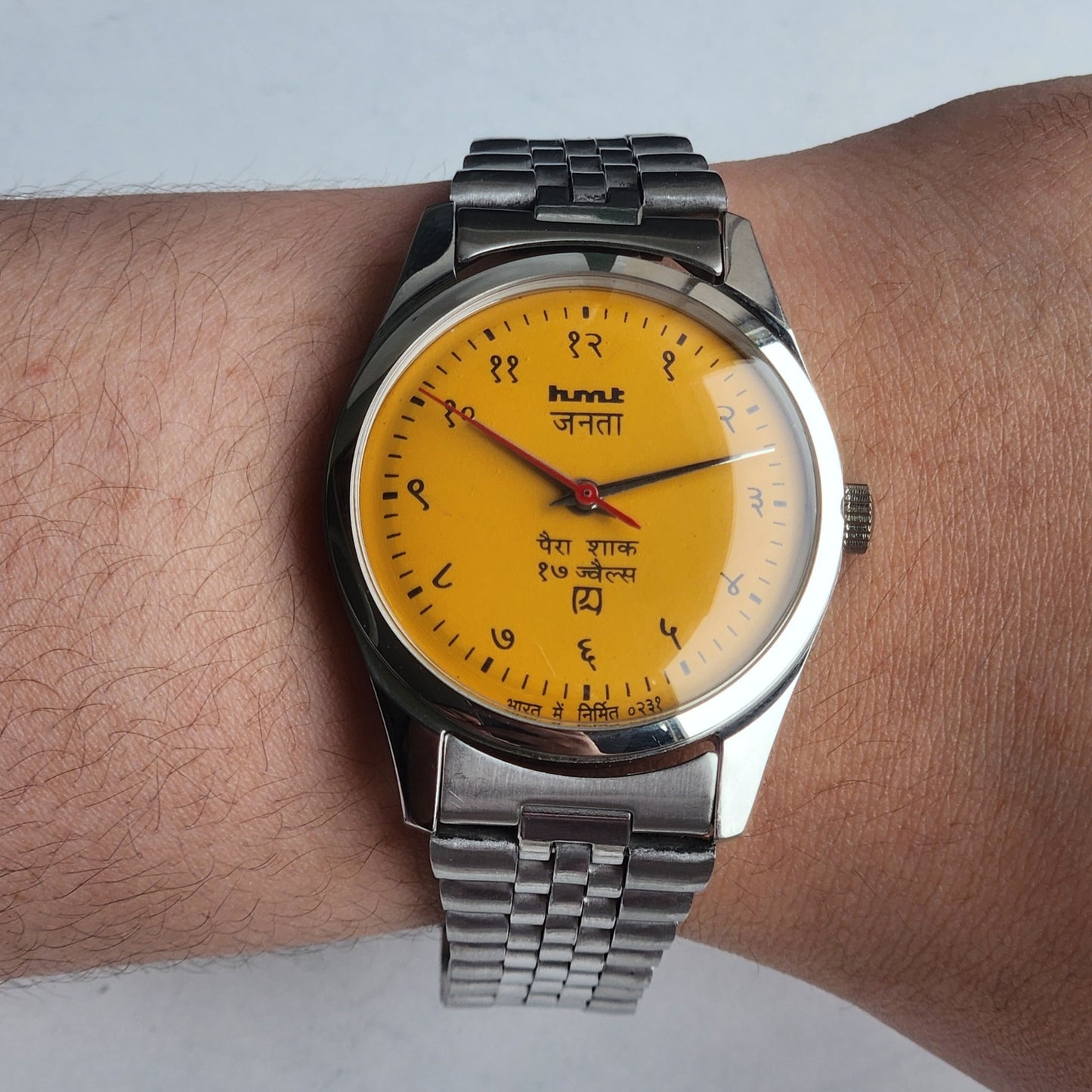 Vintage HMT Janata Devanagari Hand Winding 17 Jewels Yellow Face 35MM Silver Case Exhibition Back Men's Wrist Watch G55
