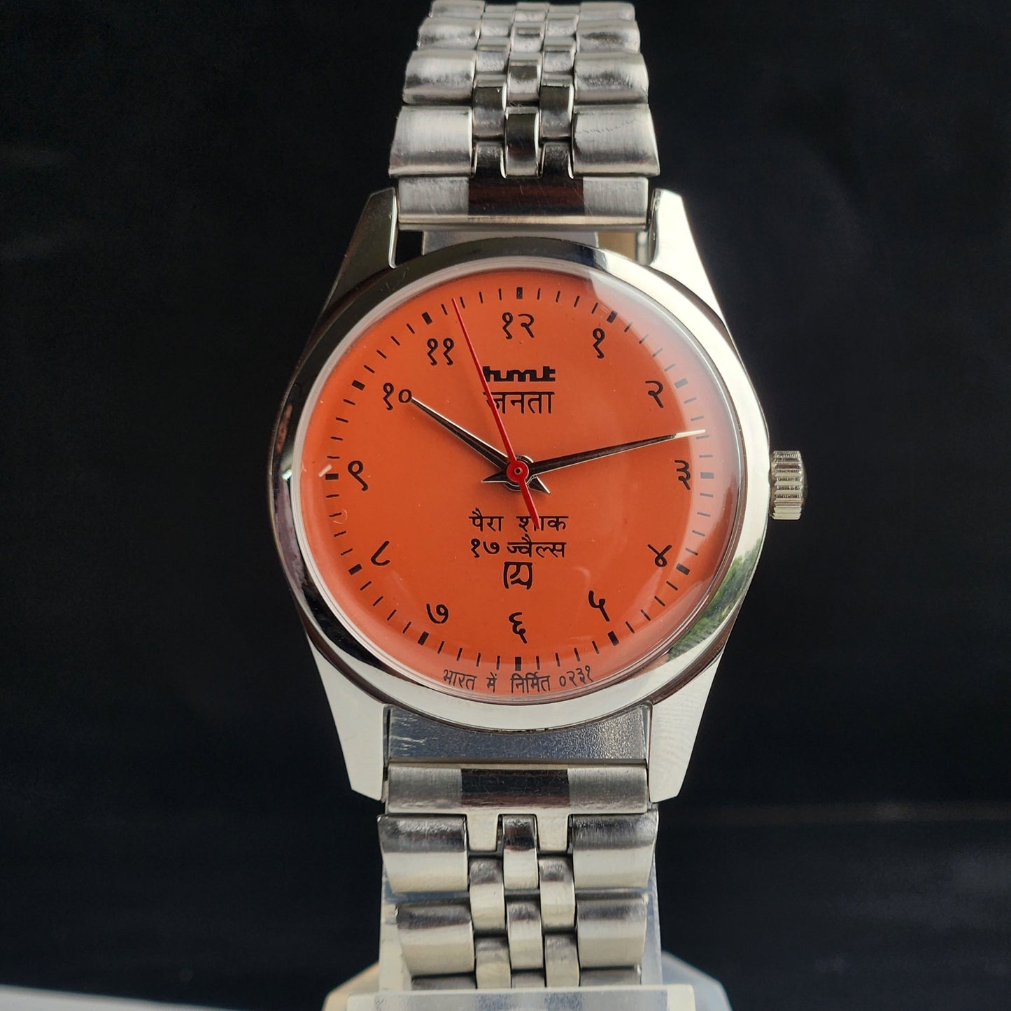 Vintage HMT Janata Devanagari Hand Winding 17 Jewels Peach Face 35MM Silver Case Exhibition Back Men's Wrist Watch G56