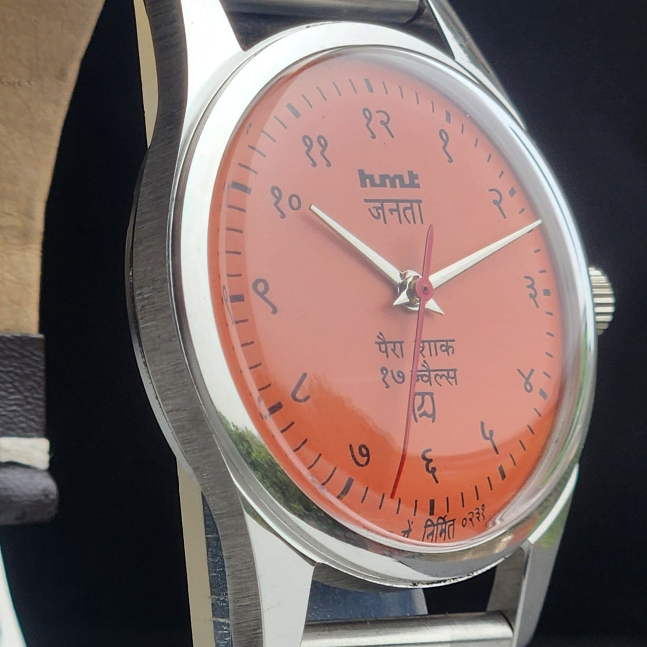 Vintage HMT Janata Devanagari Hand Winding 17 Jewels Peach Face 35MM Silver Case Exhibition Back Men's Wrist Watch G56