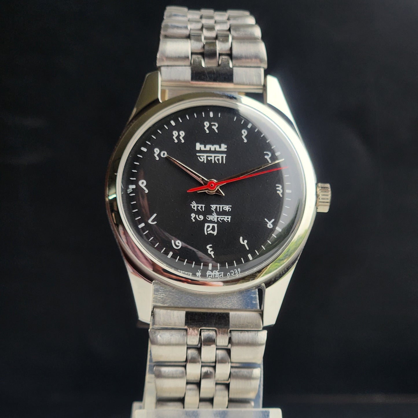 Vintage HMT Janata Devanagari Hand Winding 17 Jewels Black 35MM Silver Case Exhibition Back Men's Wrist Watch G57