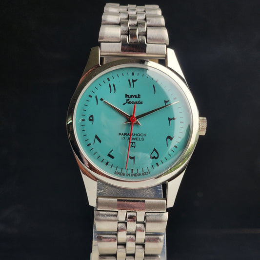 Vintage MOD HMT Janata Urdu/Arabic Hand Winding 17 Jewels Sky Blue 35MM Silver Case Exhibition Back Men's Wrist Watch G58