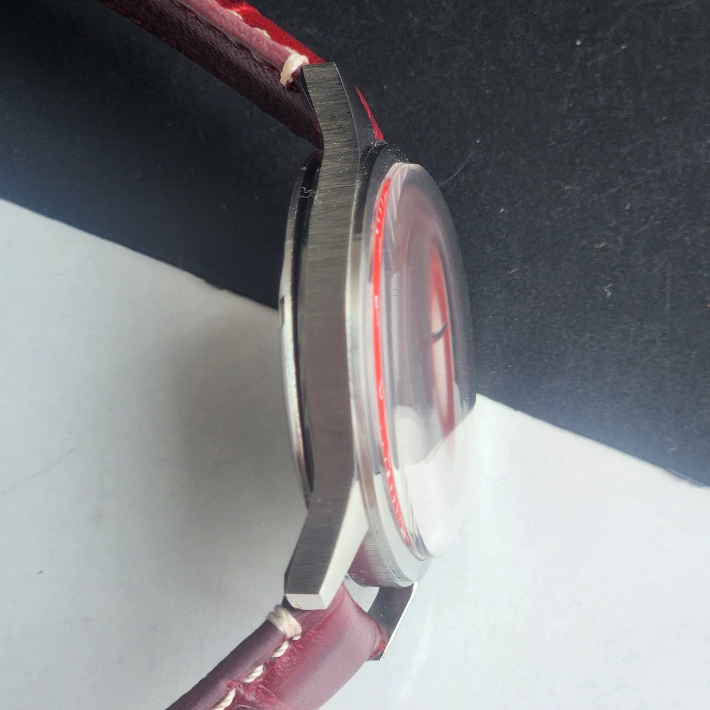 Vintage HMT Janata Devanagari Hand Winding 17 Jewels Red Face 35MM Silver Case Red Leather Strap Men's Wrist Watch G63