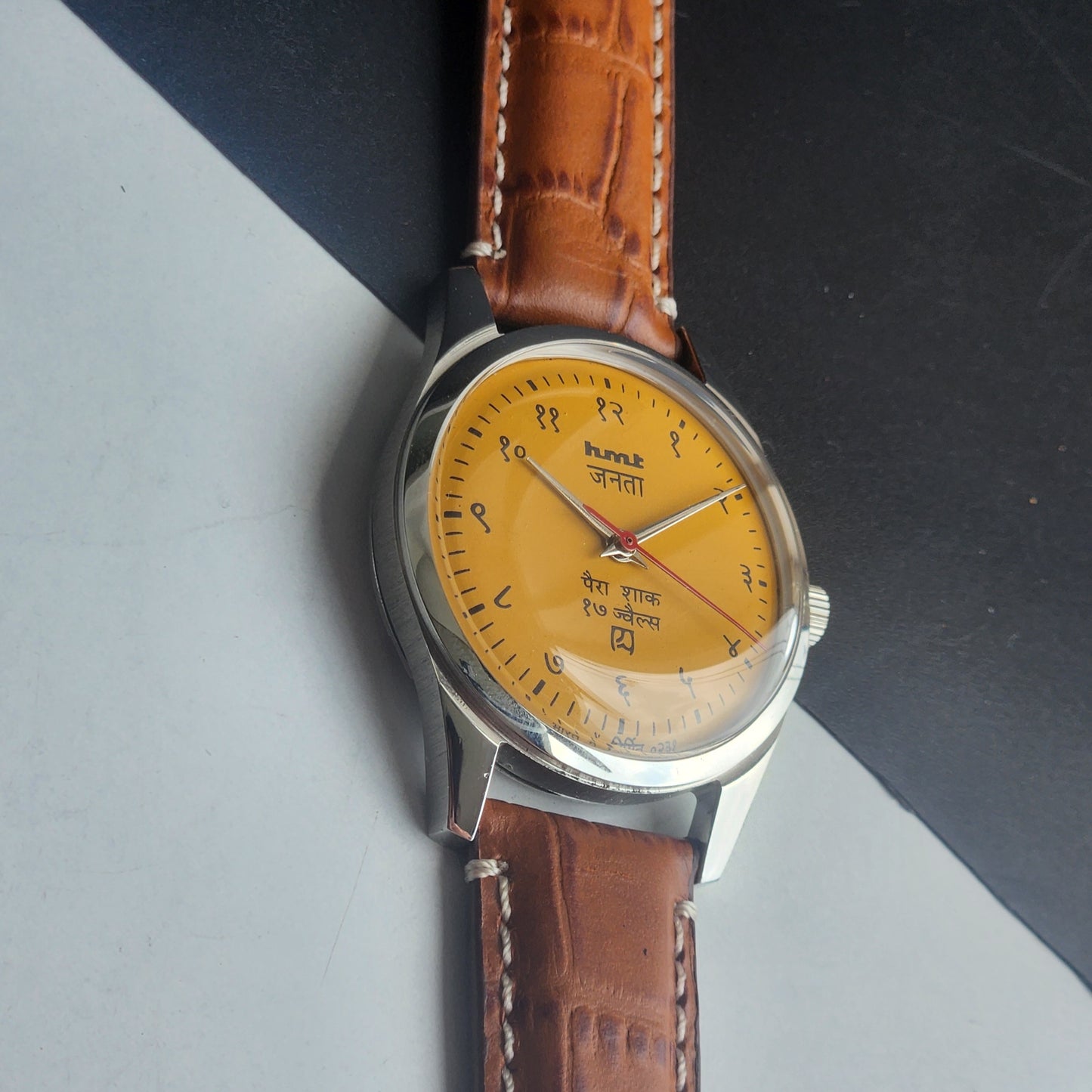Vintage MOD HMT Janata Devanagari Hand Winding 17 Jewels Mustard Face 35MM Silver Case Brown Leather Strap Men's Wrist Watch G65