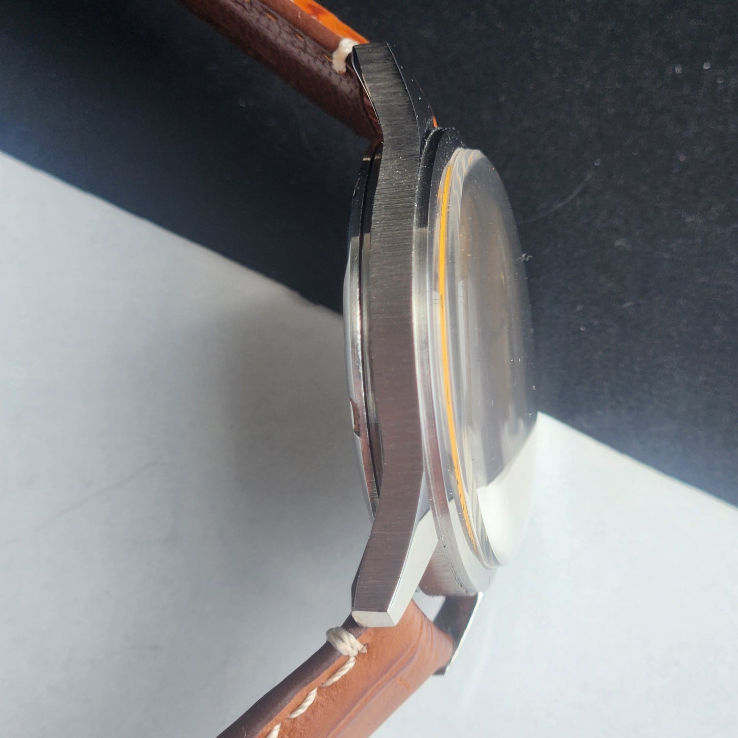 Vintage MOD HMT Janata Devanagari Hand Winding 17 Jewels Mustard Face 35MM Silver Case Brown Leather Strap Men's Wrist Watch G65