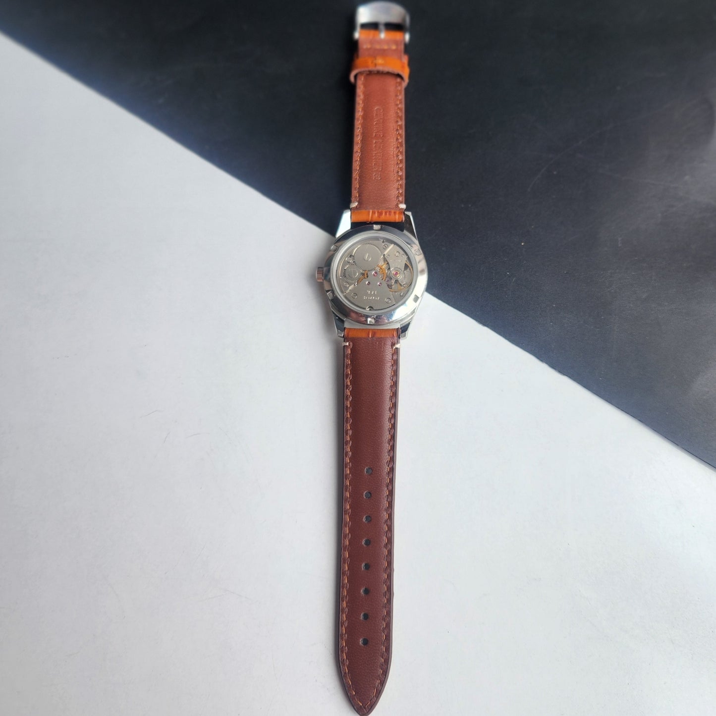 Vintage MOD HMT Janata Devanagari Hand Winding 17 Jewels Mustard Face 35MM Silver Case Brown Leather Strap Men's Wrist Watch G65