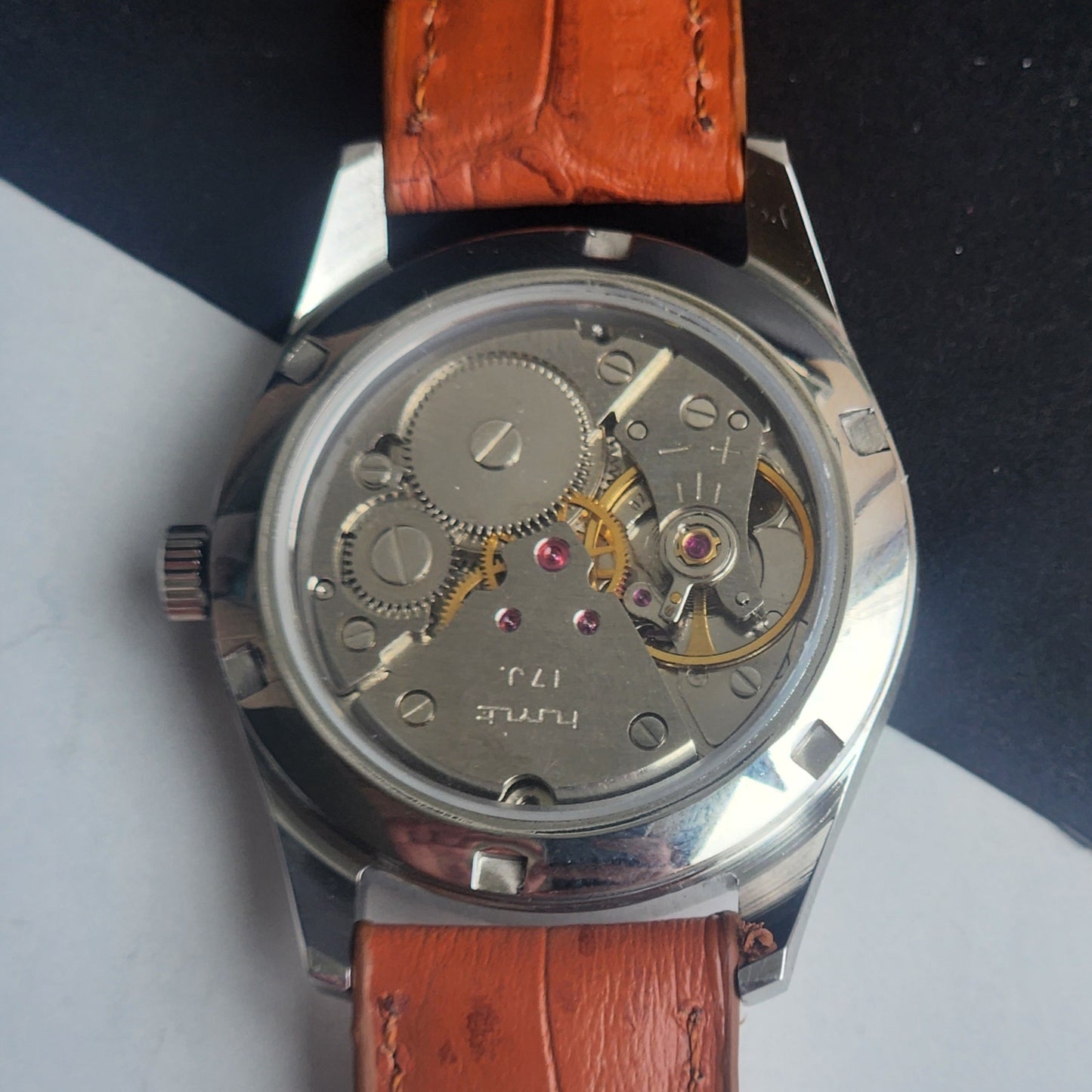 Vintage HMT Janata Devanagari Hand Winding 17 Jewels Peach Face 35MM Silver Case Brown Leather Strap Men's Wrist Watch G68