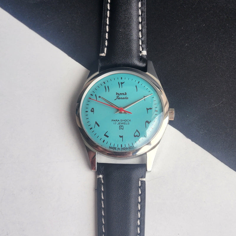 Vintage MOD HMT Janata Urdu/Arabic Hand Winding 17 Jewels Tiffany Face 35MM Silver Case Black Leather Strap Men's Wrist Watch G67