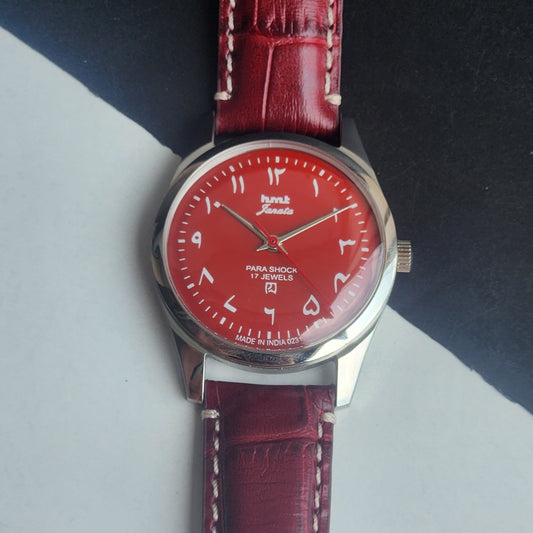 Vintage MOD HMT Janata Urdu/Arabic Hand Winding 17 Jewels Red Face 35MM Silver Case Red Leather Strap Men's Wrist Watch G69