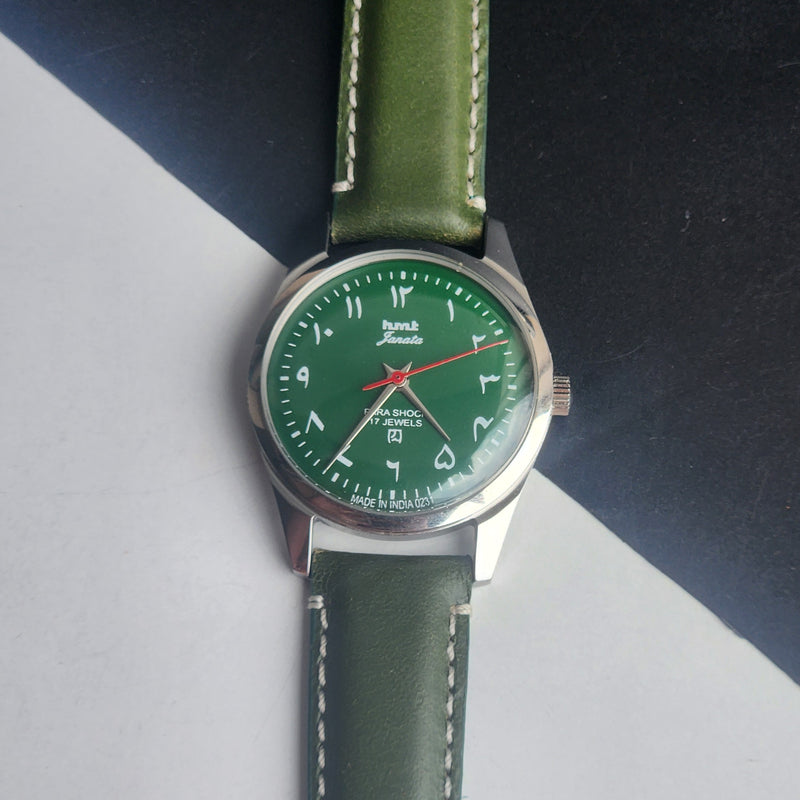 Vintage MOD HMT Janata Urdu/Arabic Hand Winding 17 Jewels Green Face 35MM Silver Case Green Leather Strap Men's Wrist Watch G70