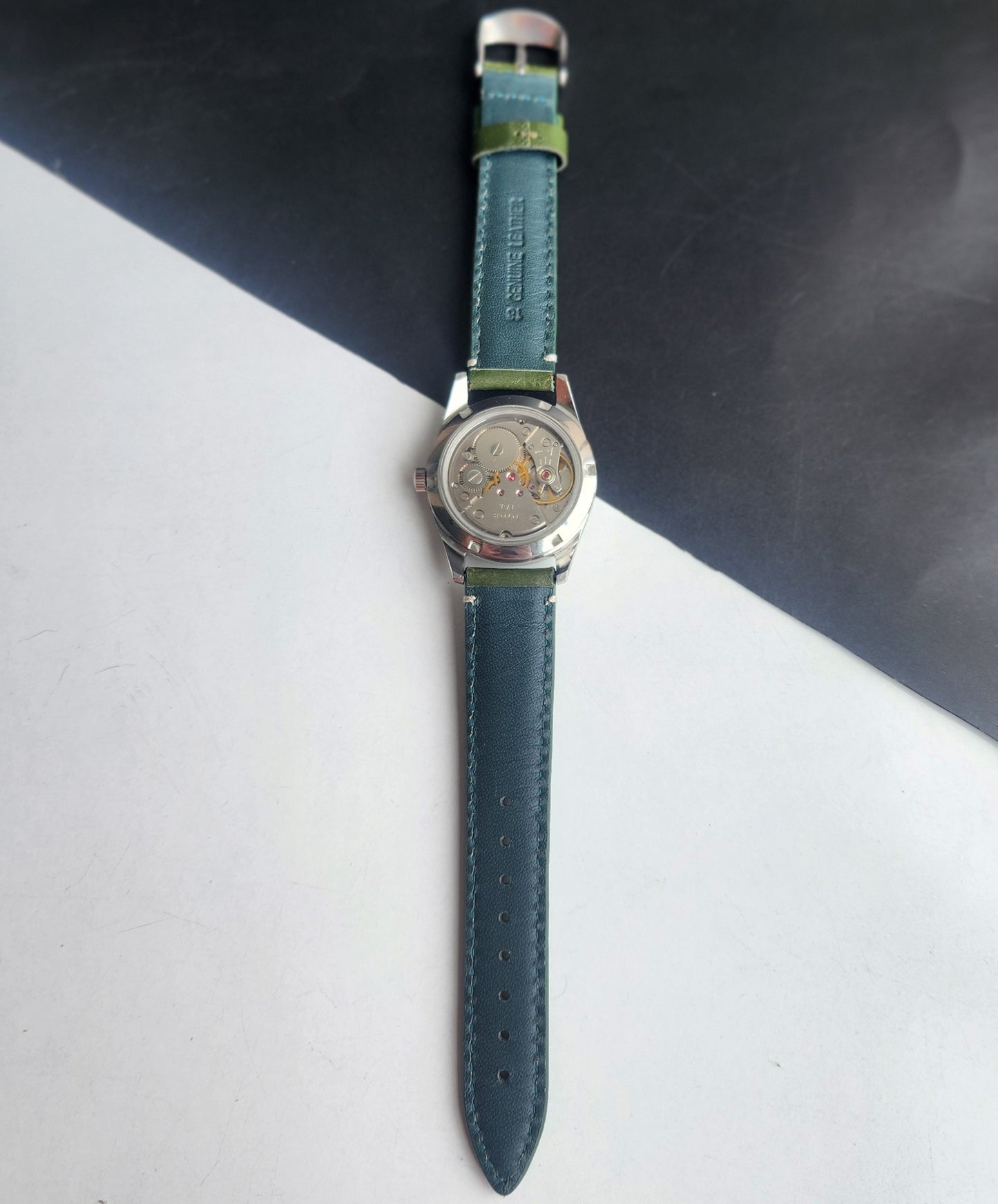 Vintage HMT Janata Urdu/Arabic Hand Winding 17 Jewels Green Face 35MM Silver Case Green Leather Strap Men's Wrist Watch G70