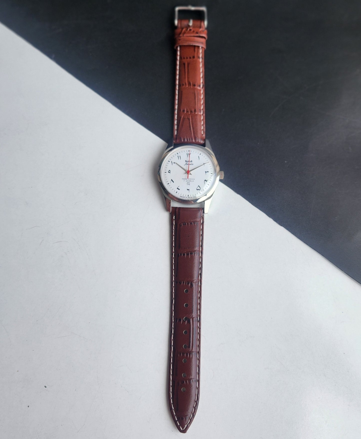Vintage MOD HMT Janata Urdu/Arabic Hand Winding 17 Jewels White Face 35MM Silver Case Brown Leather Strap Men's Wrist Watch G72