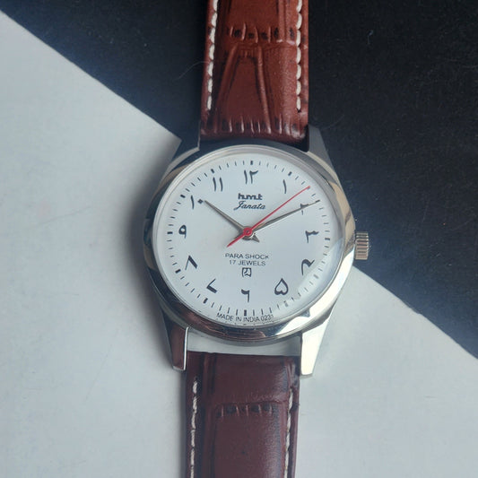 Vintage MOD HMT Janata Urdu/Arabic Hand Winding 17 Jewels White Face 35MM Silver Case Brown Leather Strap Men's Wrist Watch G72