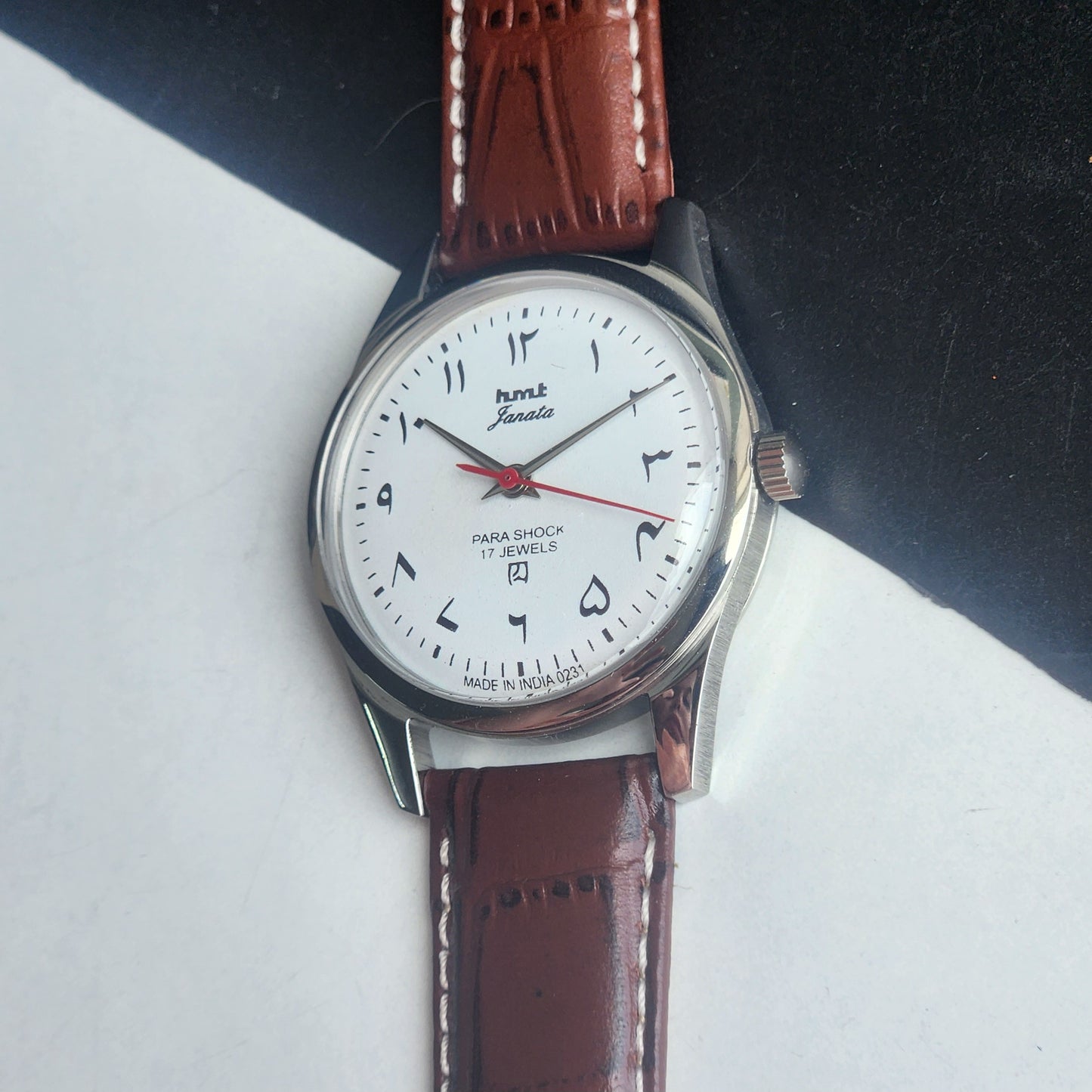Vintage MOD HMT Janata Urdu/Arabic Hand Winding 17 Jewels White Face 35MM Silver Case Brown Leather Strap Men's Wrist Watch G72