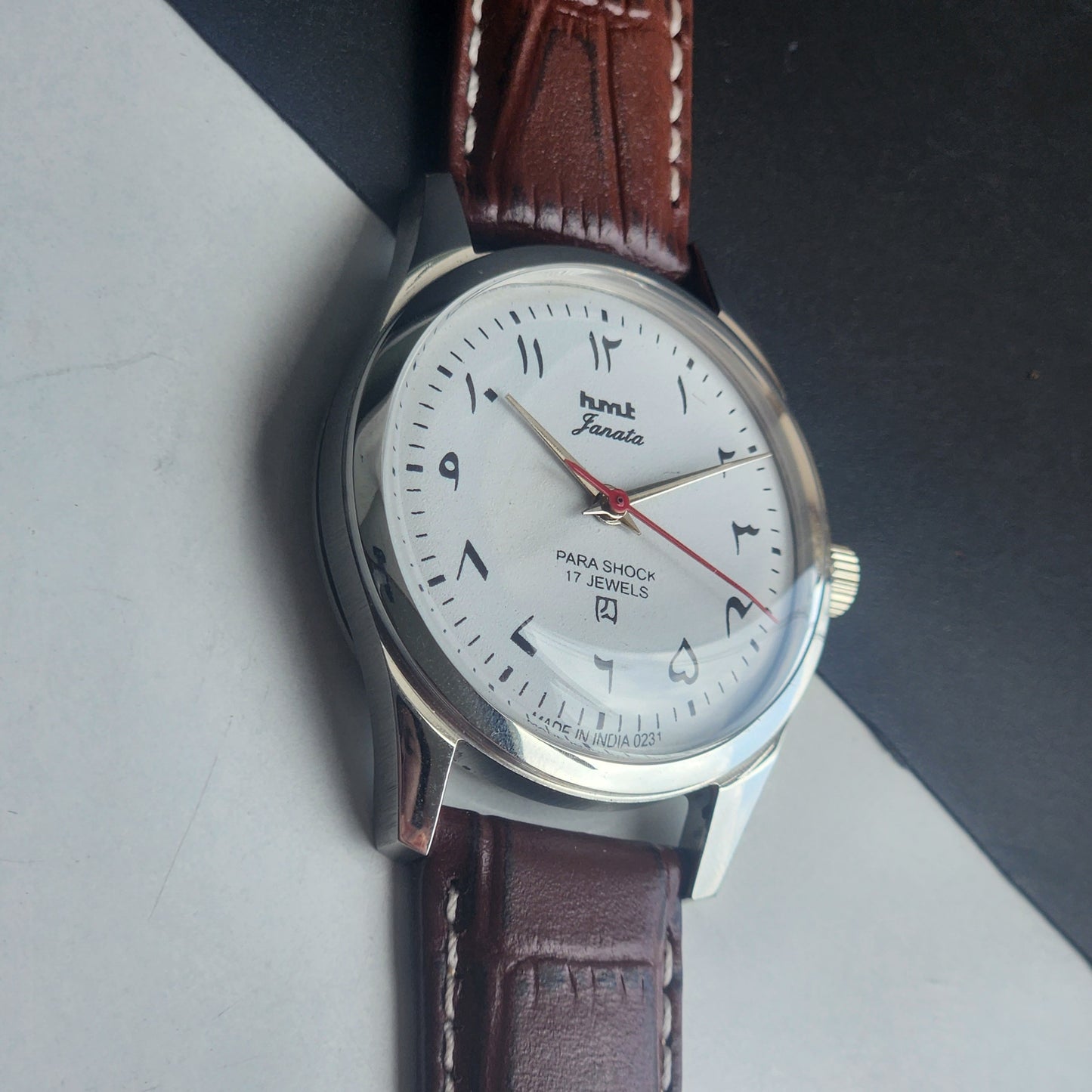 Vintage MOD HMT Janata Urdu/Arabic Hand Winding 17 Jewels White Face 35MM Silver Case Brown Leather Strap Men's Wrist Watch G72