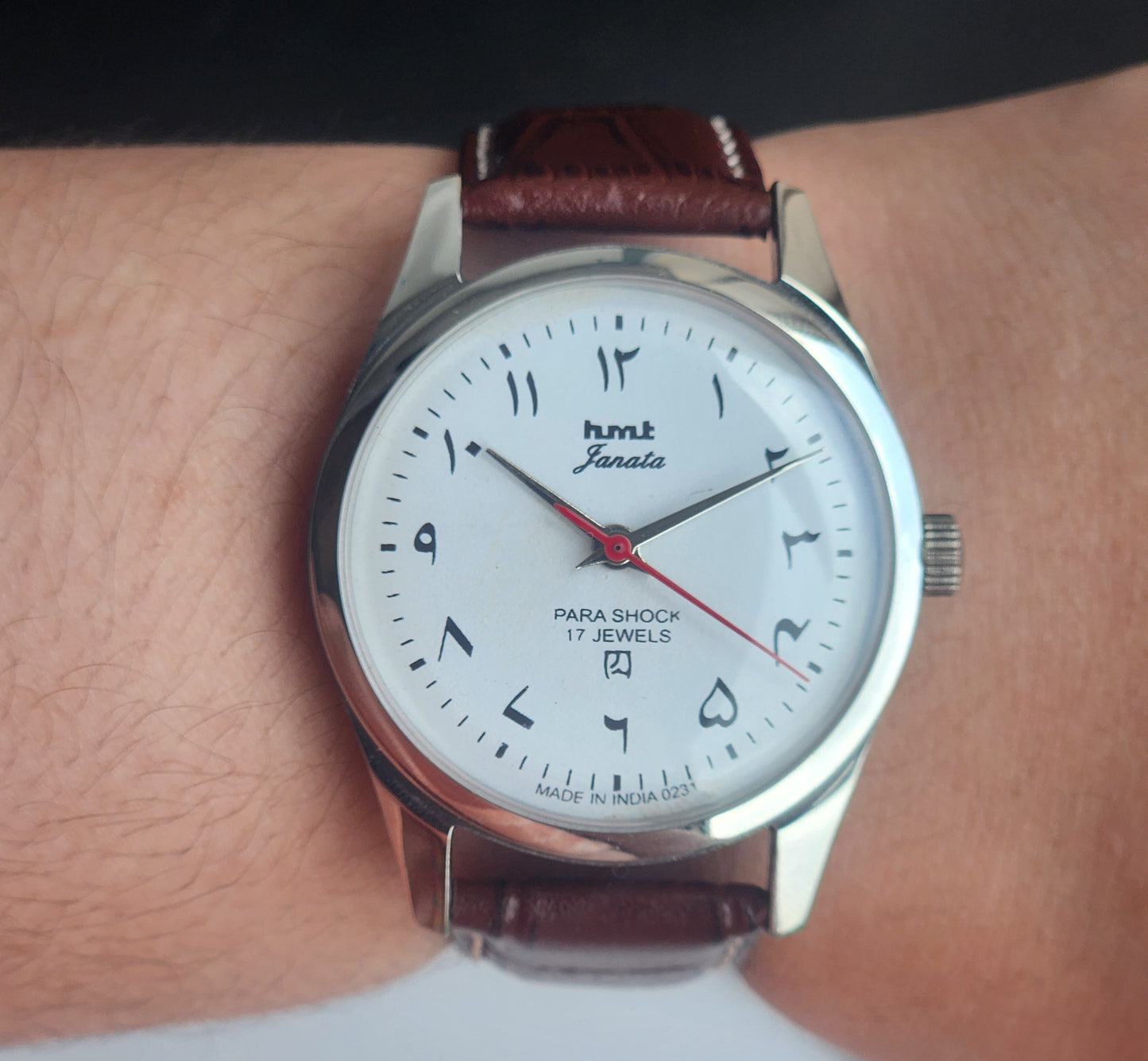 Vintage MOD HMT Janata Urdu/Arabic Hand Winding 17 Jewels White Face 35MM Silver Case Brown Leather Strap Men's Wrist Watch G72