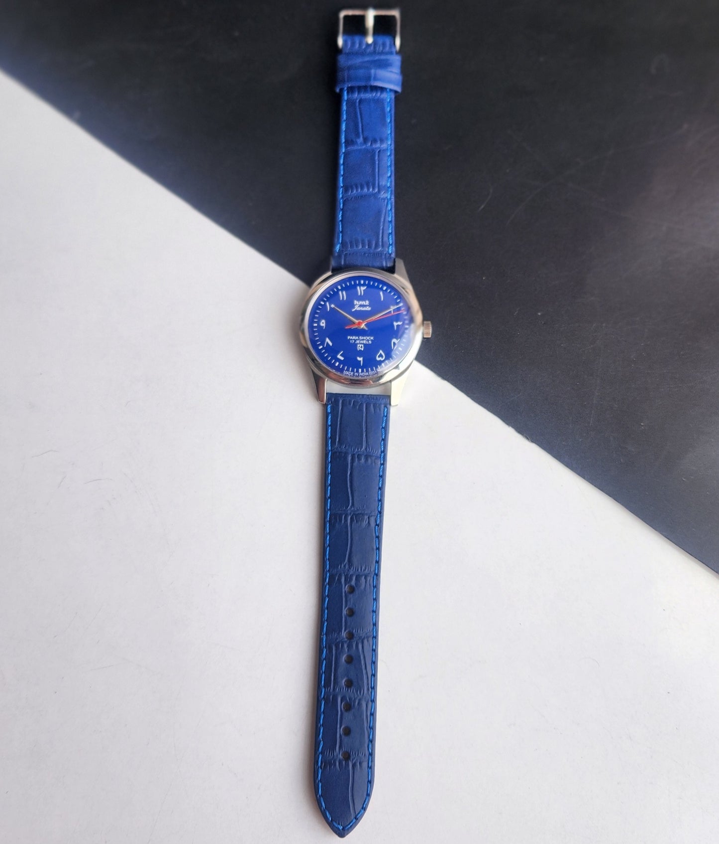 Vintage MOD HMT Janata Urdu/Arabic Hand Winding 17 Jewels Blue Face 35MM Silver Case Blue Leather Strap Men's Wrist Watch G74