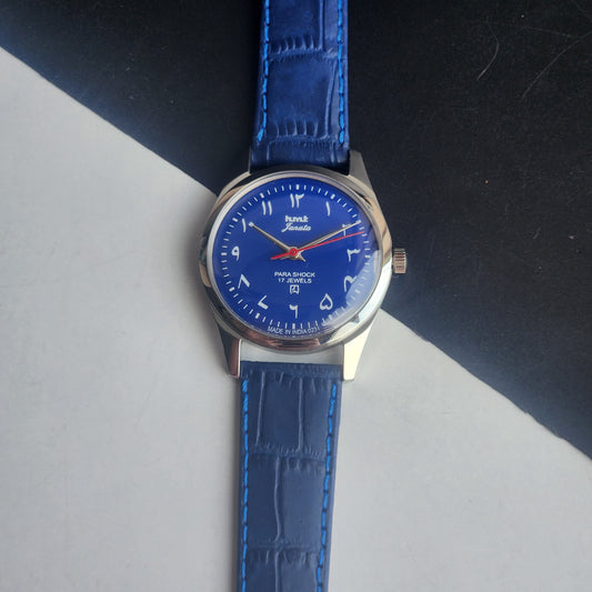 Vintage MOD HMT Janata Urdu/Arabic Hand Winding 17 Jewels Blue Face 35MM Silver Case Blue Leather Strap Men's Wrist Watch G74