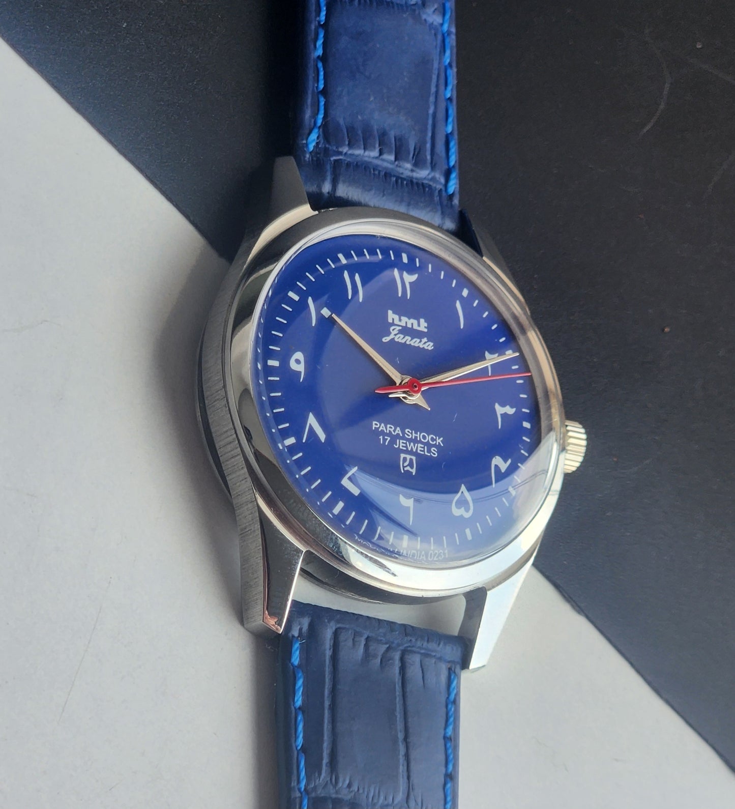 Vintage MOD HMT Janata Urdu/Arabic Hand Winding 17 Jewels Blue Face 35MM Silver Case Blue Leather Strap Men's Wrist Watch G74