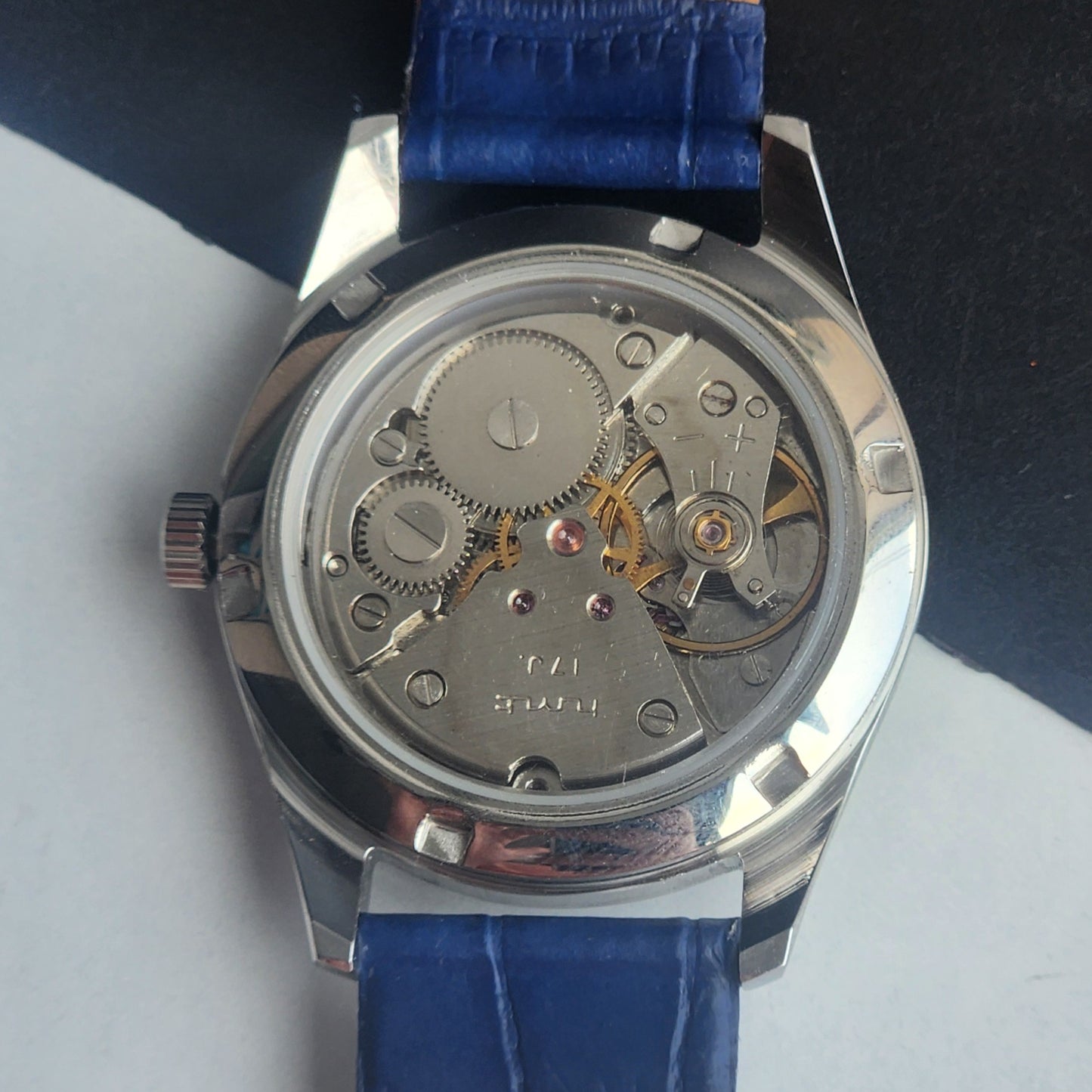 Vintage MOD HMT Janata Urdu/Arabic Hand Winding 17 Jewels Blue Face 35MM Silver Case Blue Leather Strap Men's Wrist Watch G74