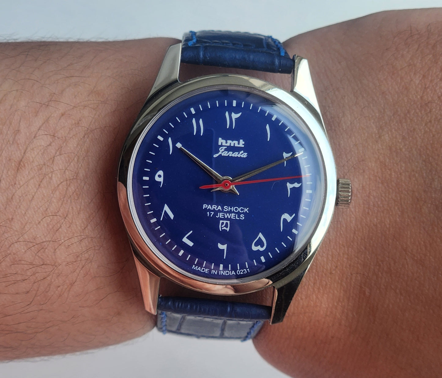 Vintage MOD HMT Janata Urdu/Arabic Hand Winding 17 Jewels Blue Face 35MM Silver Case Blue Leather Strap Men's Wrist Watch G74