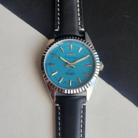 Vintage MOD HMT Himalaya Hand Winding 17 Jewels Tiffany Blue Face 35mm Silver Case With Fluted Bezel Black Leather Strap Men's Wrist Watch G75