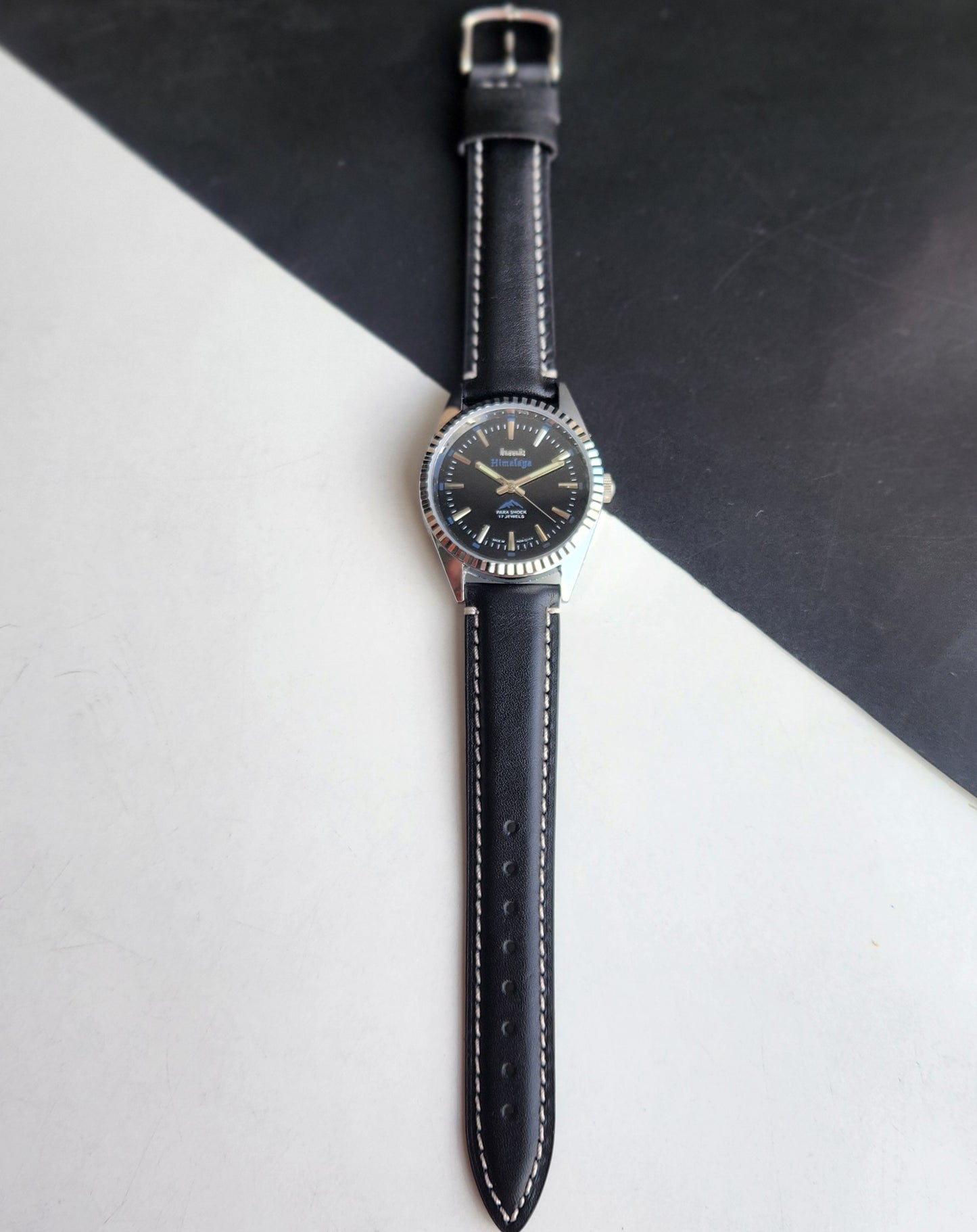 Vintage HMT Himalaya Hand Winding 17 Jewels Blue Face 35mm Silver Case With Fluted Bezel Black Leather Strap Men's Wrist Watch G76