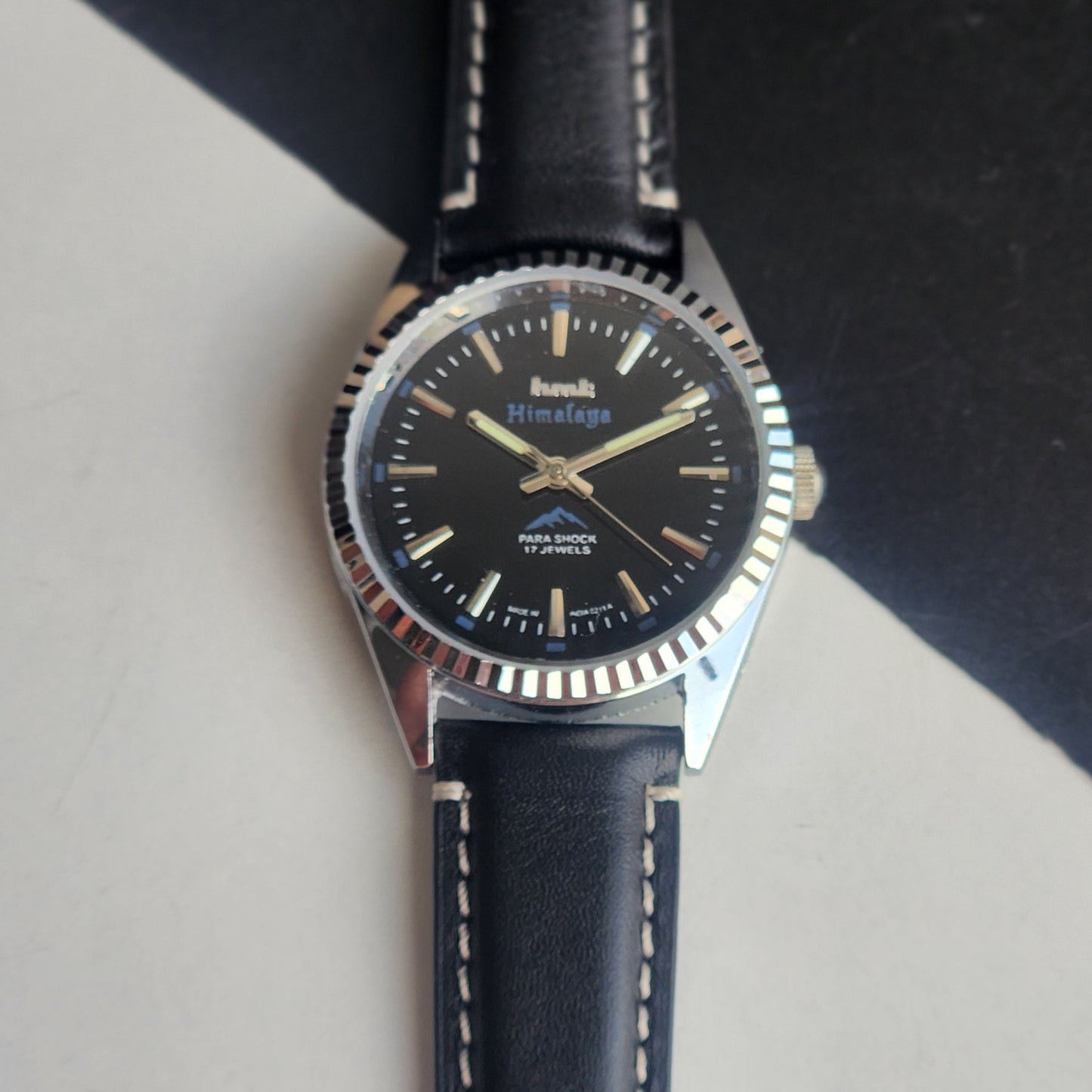 Vintage HMT Himalaya Hand Winding 17 Jewels Blue Face 35mm Silver Case With Fluted Bezel Black Leather Strap Men's Wrist Watch G76