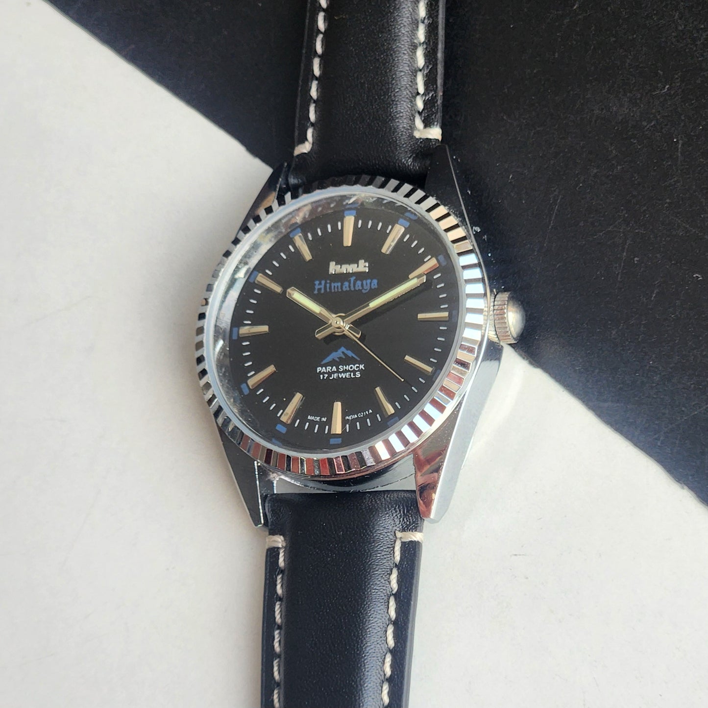 Vintage HMT Himalaya Hand Winding 17 Jewels Blue Face 35mm Silver Case With Fluted Bezel Black Leather Strap Men's Wrist Watch G76