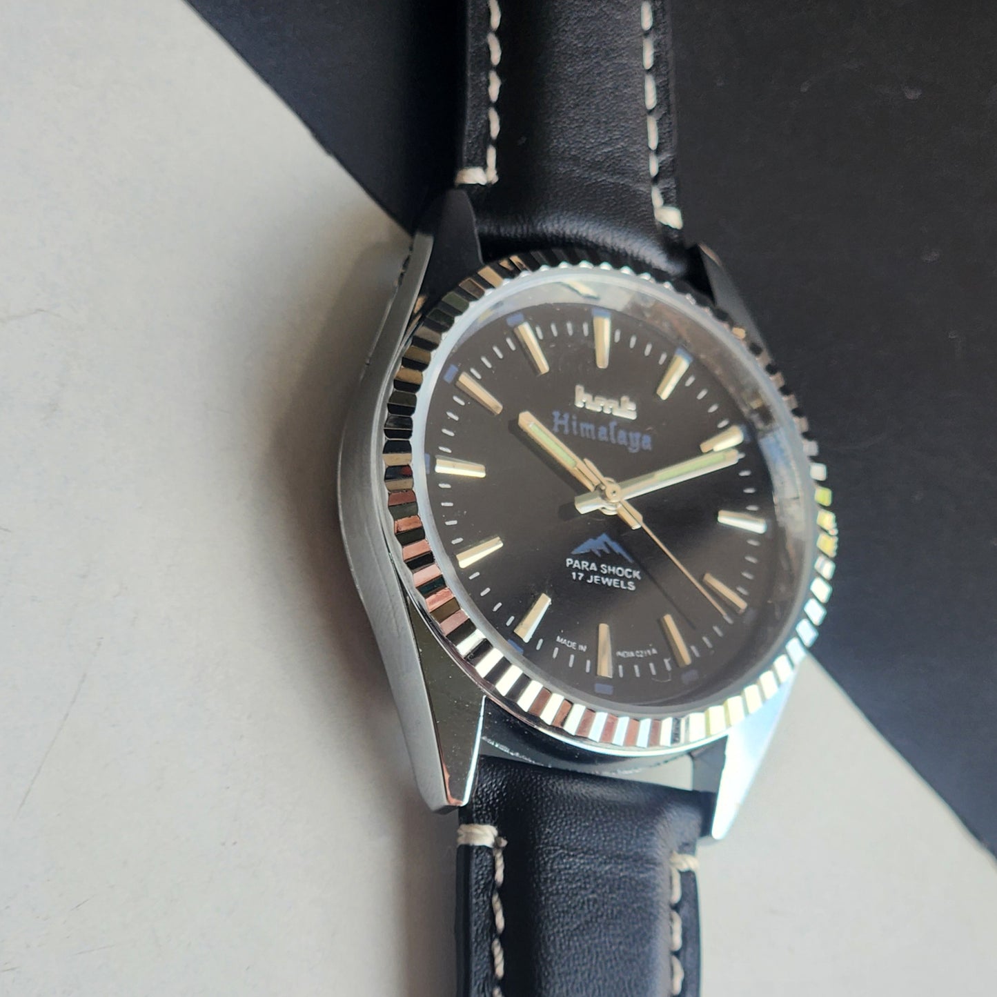 Vintage HMT Himalaya Hand Winding 17 Jewels Blue Face 35mm Silver Case With Fluted Bezel Black Leather Strap Men's Wrist Watch G76