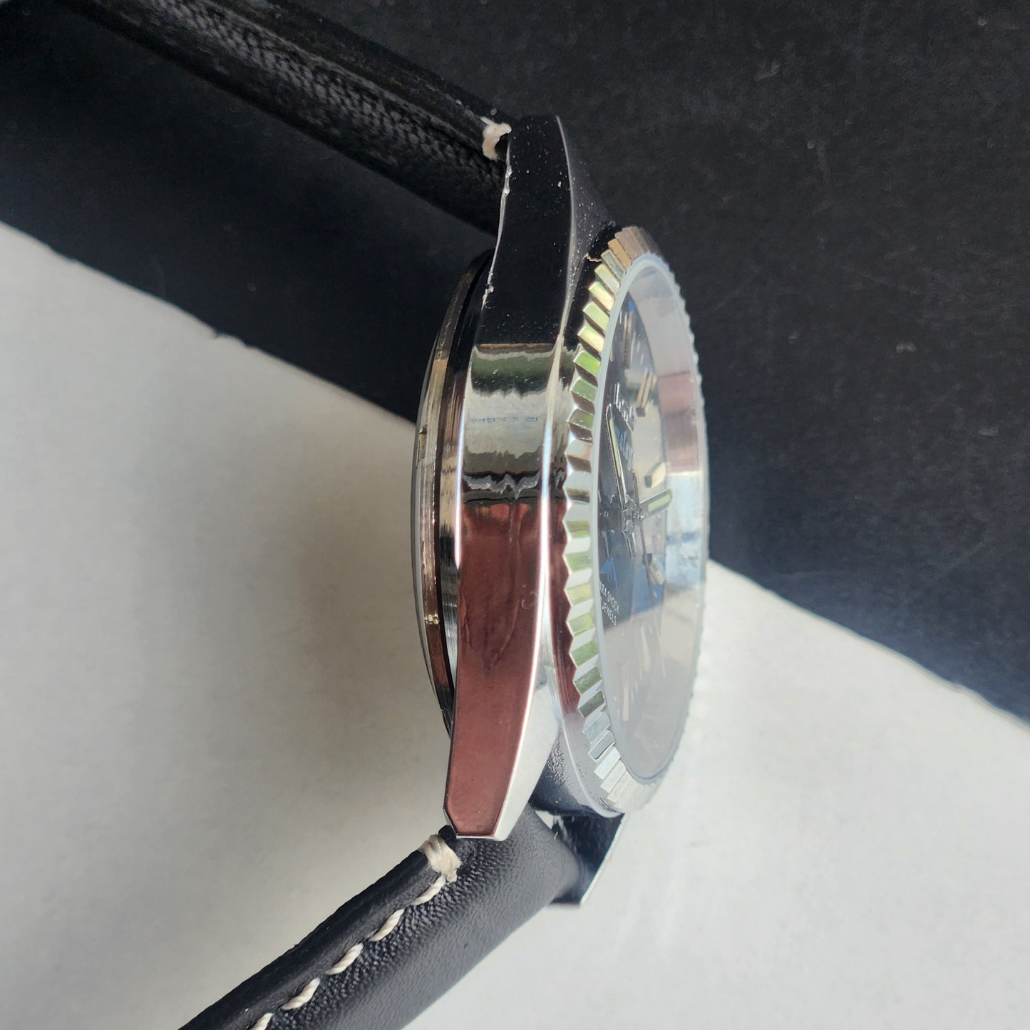 Vintage HMT Himalaya Hand Winding 17 Jewels Blue Face 35mm Silver Case With Fluted Bezel Black Leather Strap Men's Wrist Watch G76