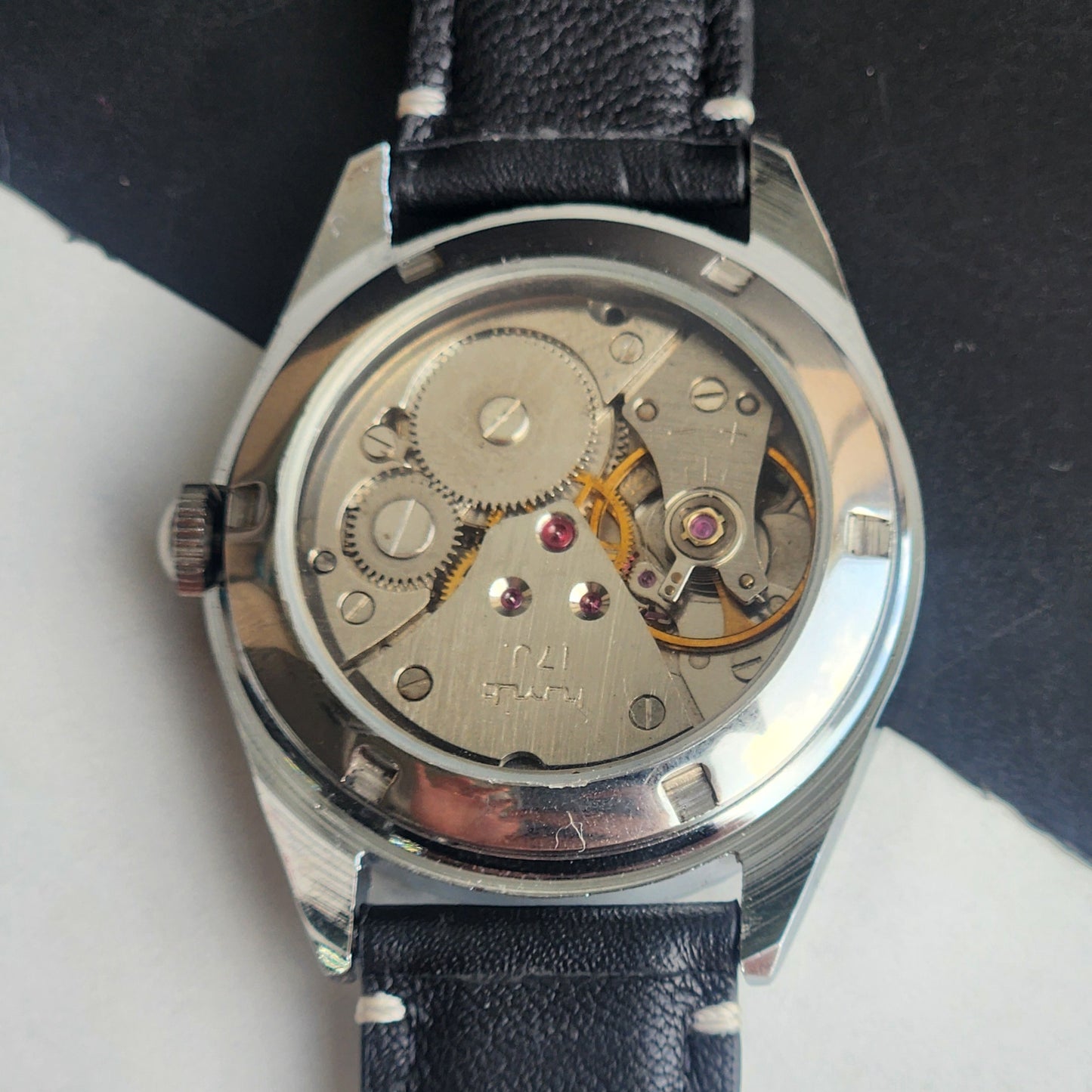 Vintage HMT Himalaya Hand Winding 17 Jewels Blue Face 35mm Silver Case With Fluted Bezel Black Leather Strap Men's Wrist Watch G76