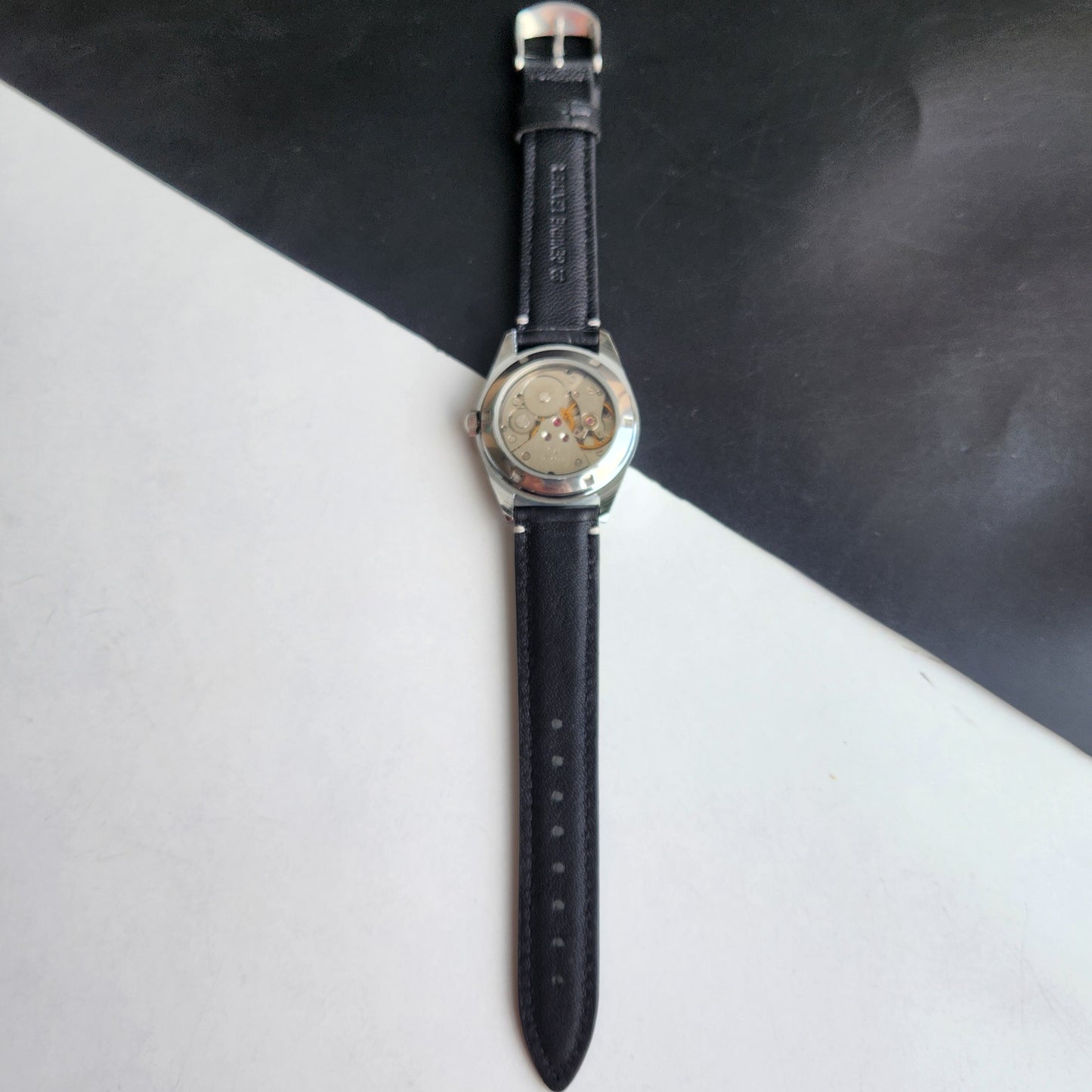 Vintage HMT Himalaya Hand Winding 17 Jewels Blue Face 35mm Silver Case With Fluted Bezel Black Leather Strap Men's Wrist Watch G76