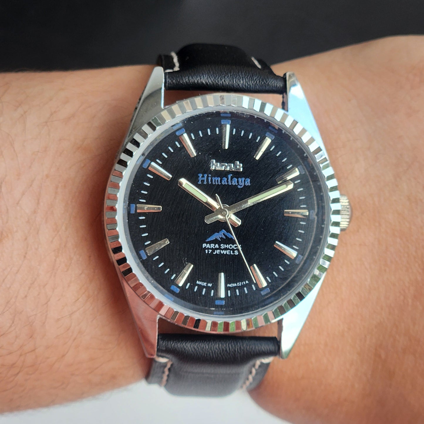 Vintage HMT Himalaya Hand Winding 17 Jewels Blue Face 35mm Silver Case With Fluted Bezel Black Leather Strap Men's Wrist Watch G76