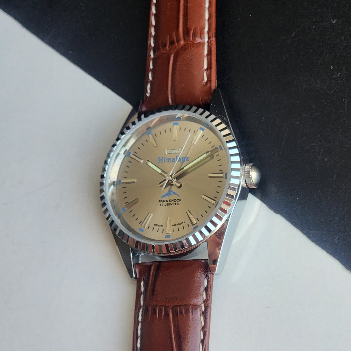 Vintage HMT Himalaya Hand Winding 17 Jewels Silver Face 35mm Silver Case With Fluted Bezel Brown Leather Strap Men's Wrist Watch G78