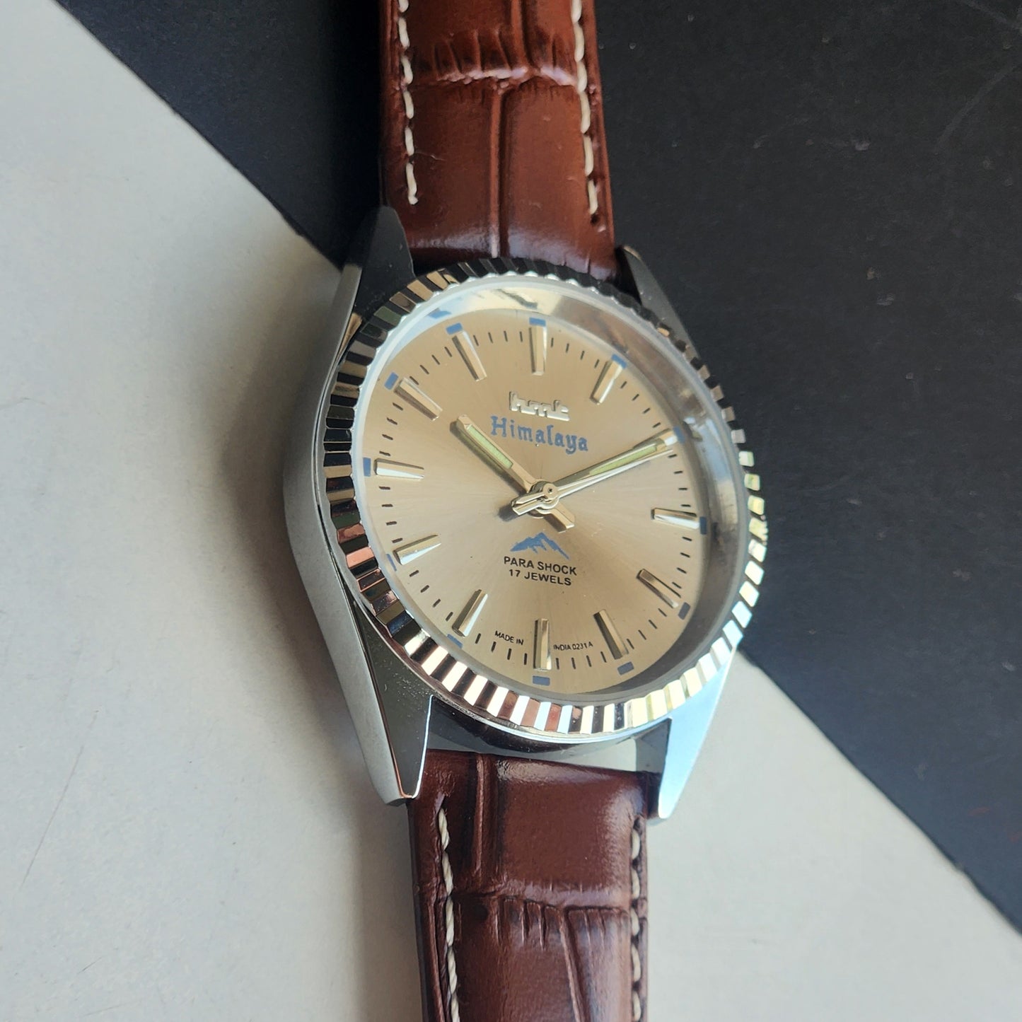 Vintage HMT Himalaya Hand Winding 17 Jewels Silver Face 35mm Silver Case With Fluted Bezel Brown Leather Strap Men's Wrist Watch G78