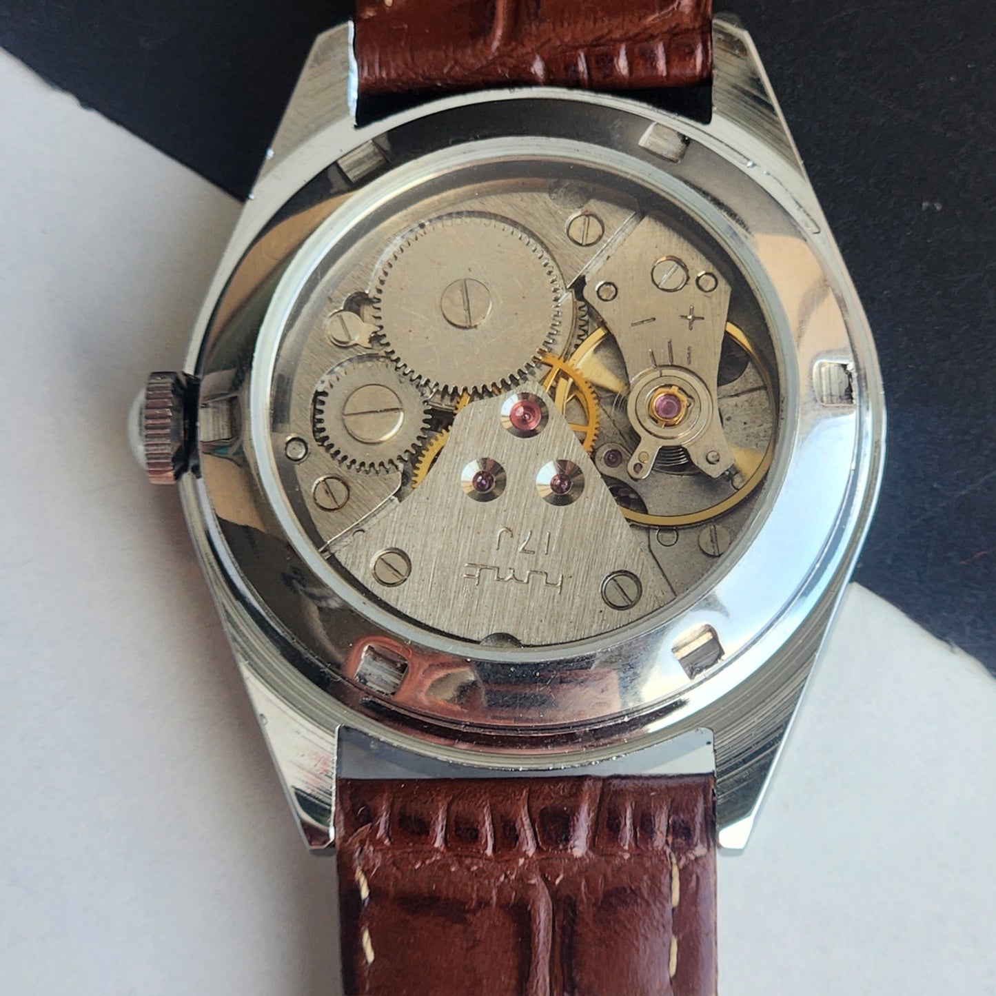 Vintage HMT Himalaya Hand Winding 17 Jewels Silver Face 35mm Silver Case With Fluted Bezel Brown Leather Strap Men's Wrist Watch G78