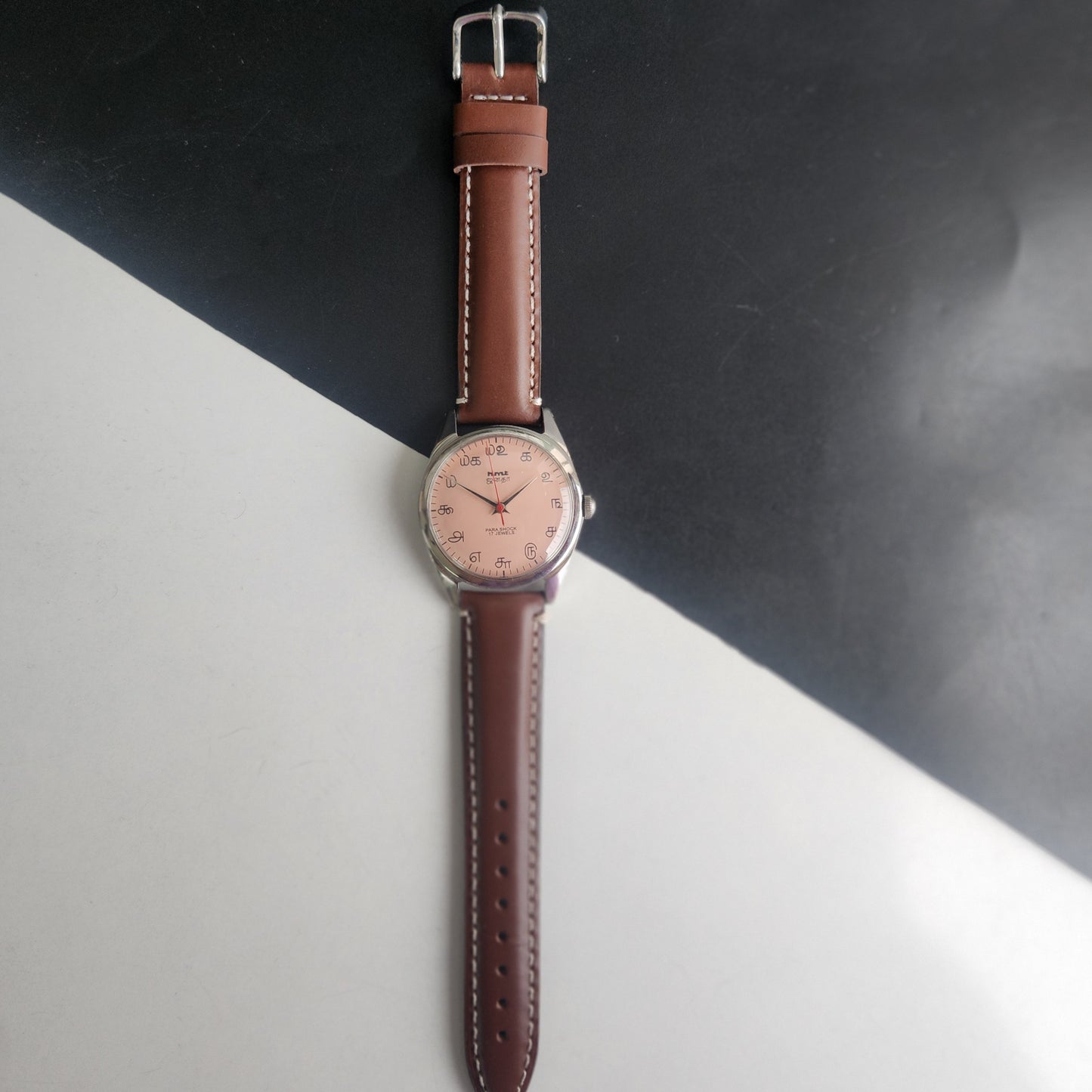 Vintage HMT Janata Tamil Hand Winding 17 Jewels Peach Face 35mm Silver Case With Brown Leather Strap Men's Wrist Watch G79
