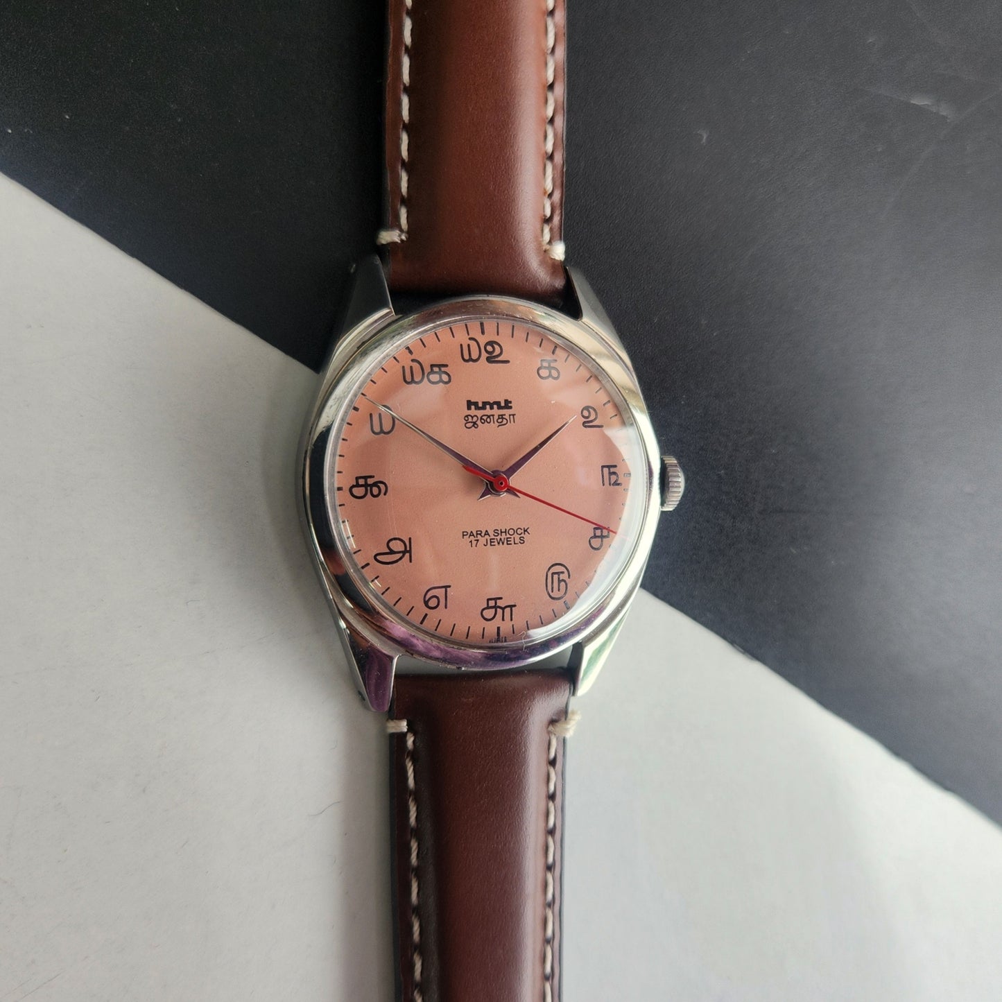 Vintage HMT Janata Tamil Hand Winding 17 Jewels Peach Face 35mm Silver Case With Brown Leather Strap Men's Wrist Watch G79