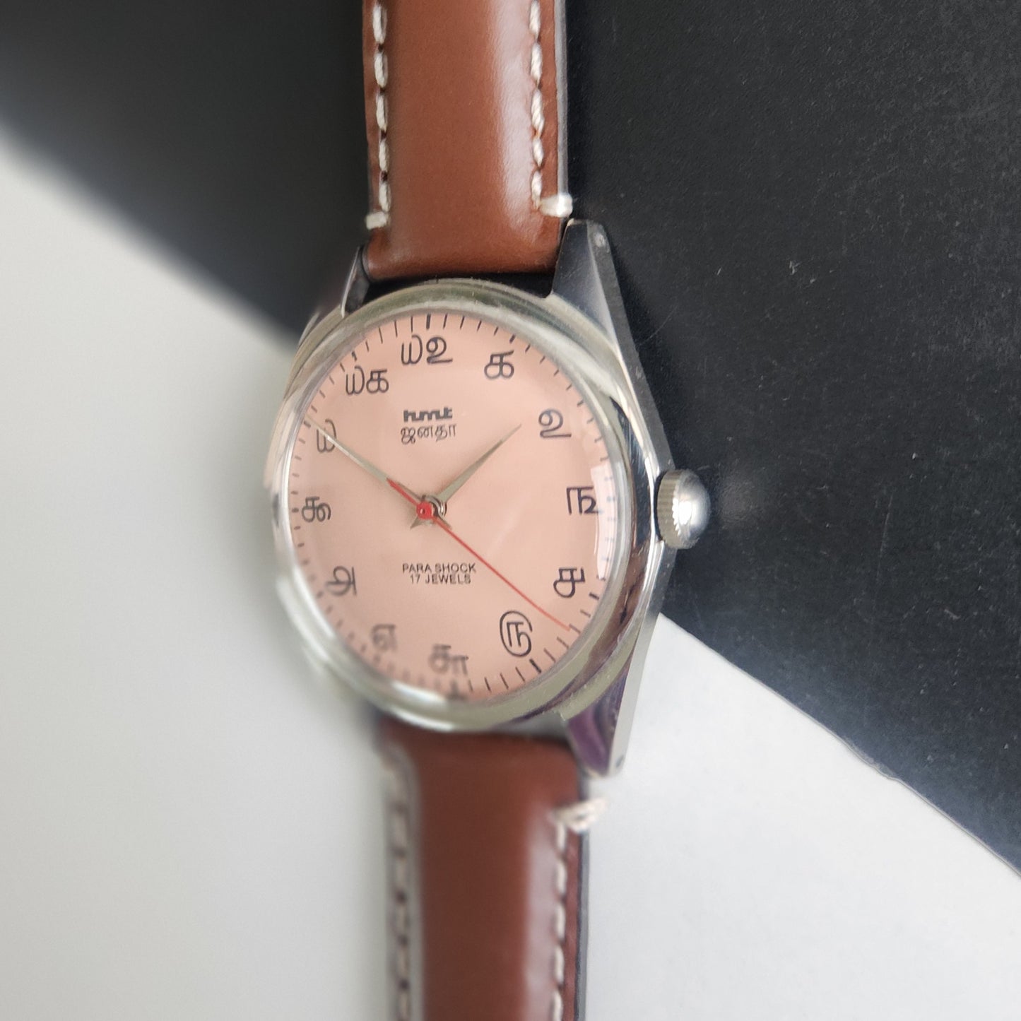 Vintage HMT Janata Tamil Hand Winding 17 Jewels Peach Face 35mm Silver Case With Brown Leather Strap Men's Wrist Watch G79