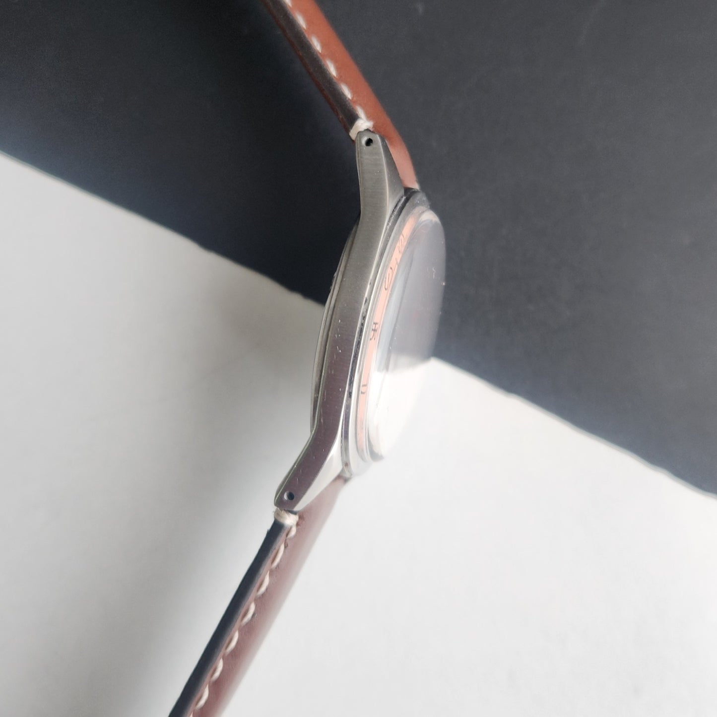 Vintage HMT Janata Tamil Hand Winding 17 Jewels Peach Face 35mm Silver Case With Brown Leather Strap Men's Wrist Watch G79