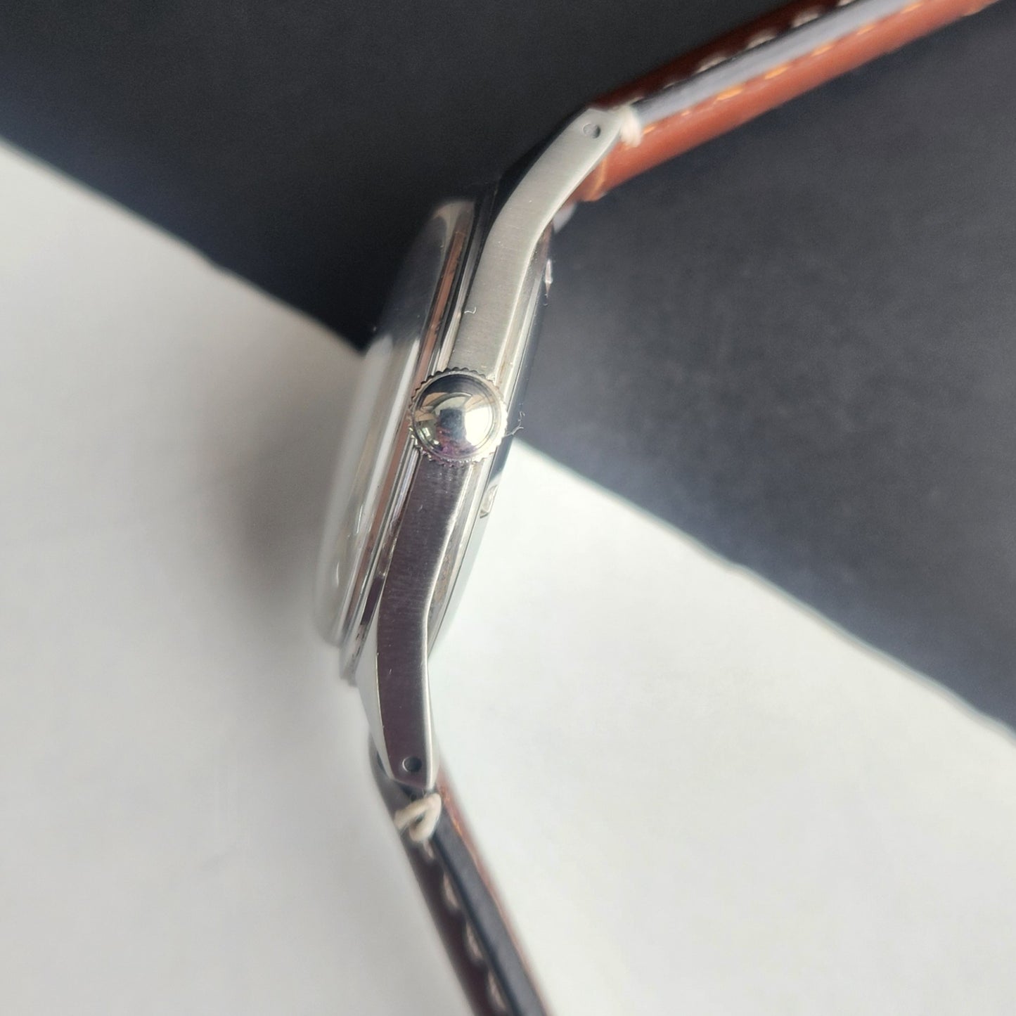 Vintage HMT Janata Tamil Hand Winding 17 Jewels Peach Face 35mm Silver Case With Brown Leather Strap Men's Wrist Watch G79