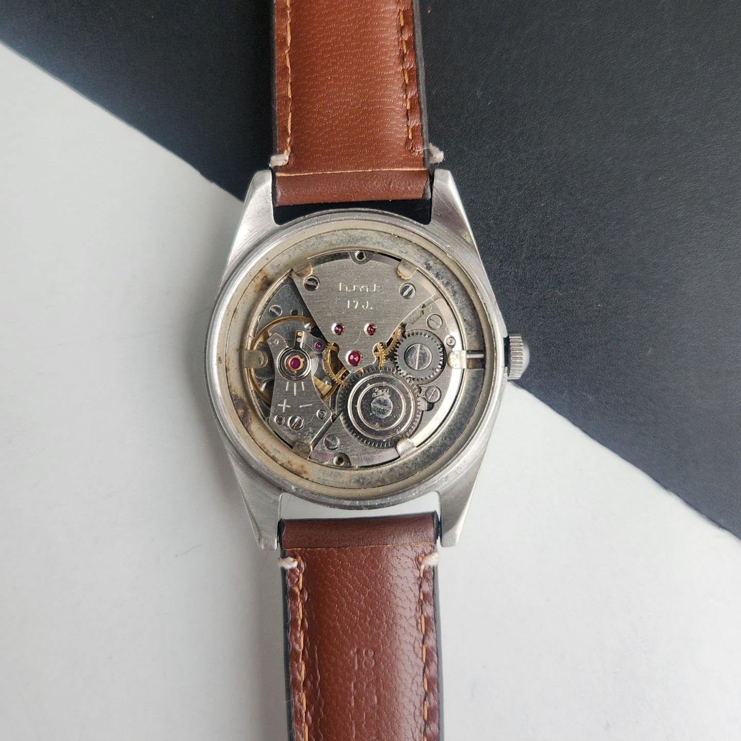 Vintage HMT Janata Tamil Hand Winding 17 Jewels Peach Face 35mm Silver Case With Brown Leather Strap Men's Wrist Watch G79