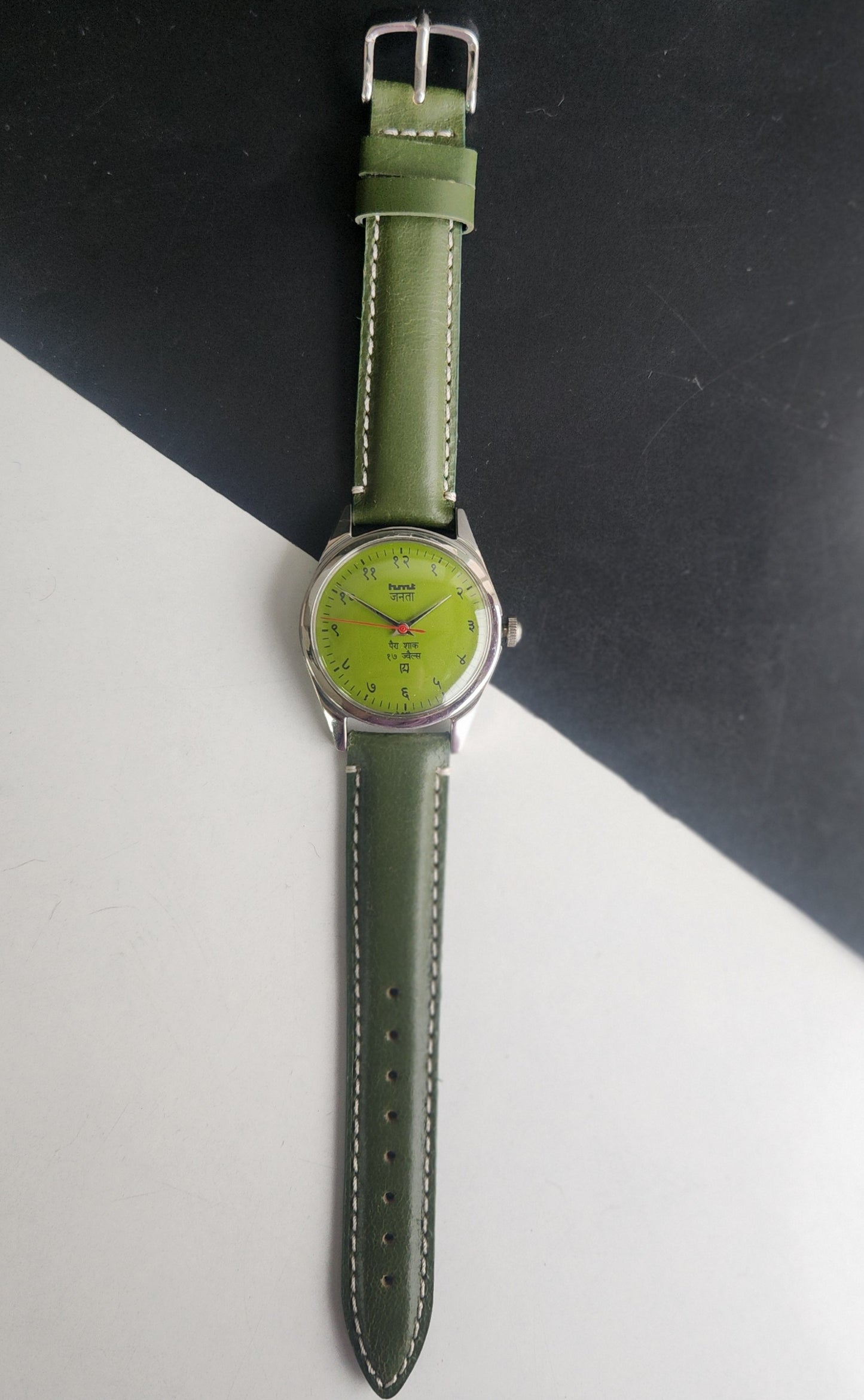 Vintage HMT Janata Devanagari Hand Winding 17 Jewels Green Face 35mm Silver Case Green Leather Strap Men's Wrist Watch G82