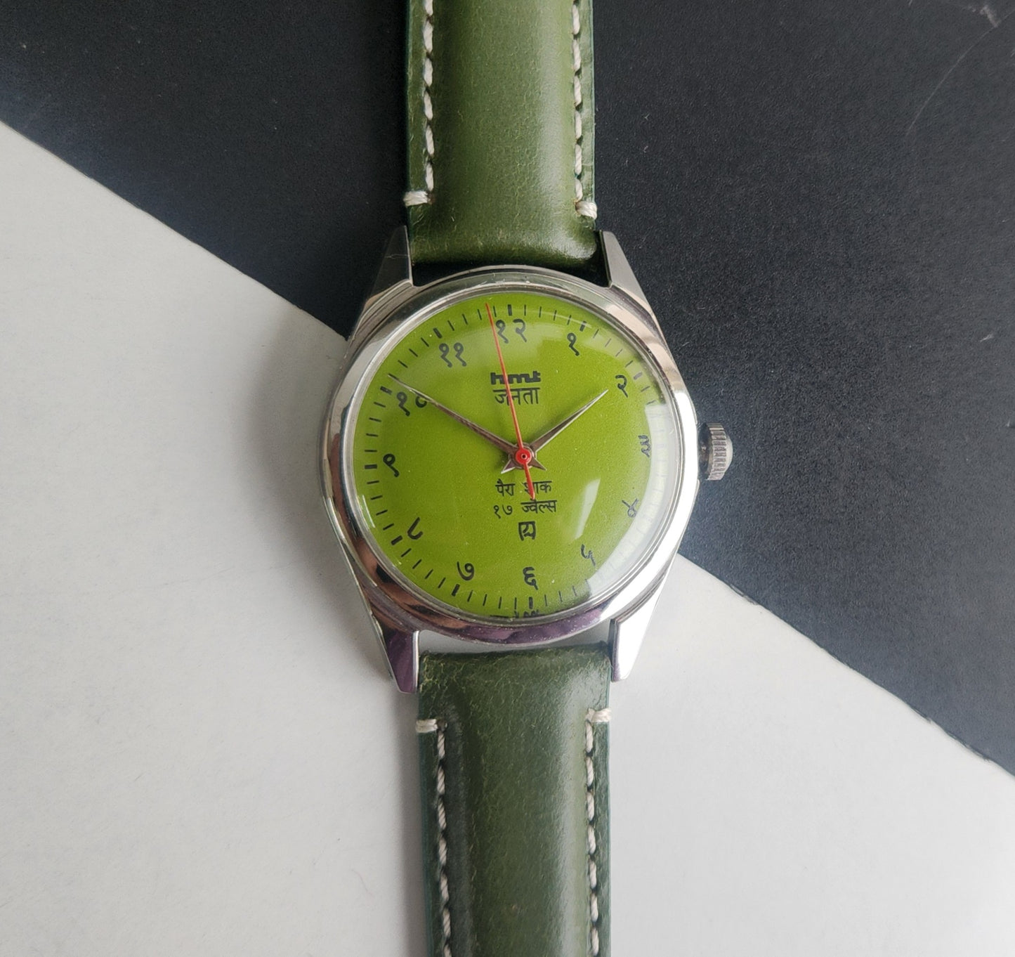 Vintage HMT Janata Devanagari Hand Winding 17 Jewels Green Face 35mm Silver Case Green Leather Strap Men's Wrist Watch G82