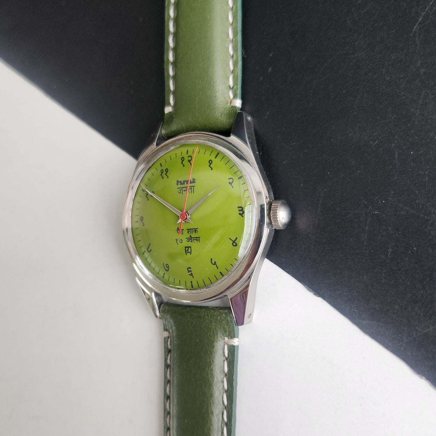 Vintage HMT Janata Devanagari Hand Winding 17 Jewels Green Face 35mm Silver Case Green Leather Strap Men's Wrist Watch G82