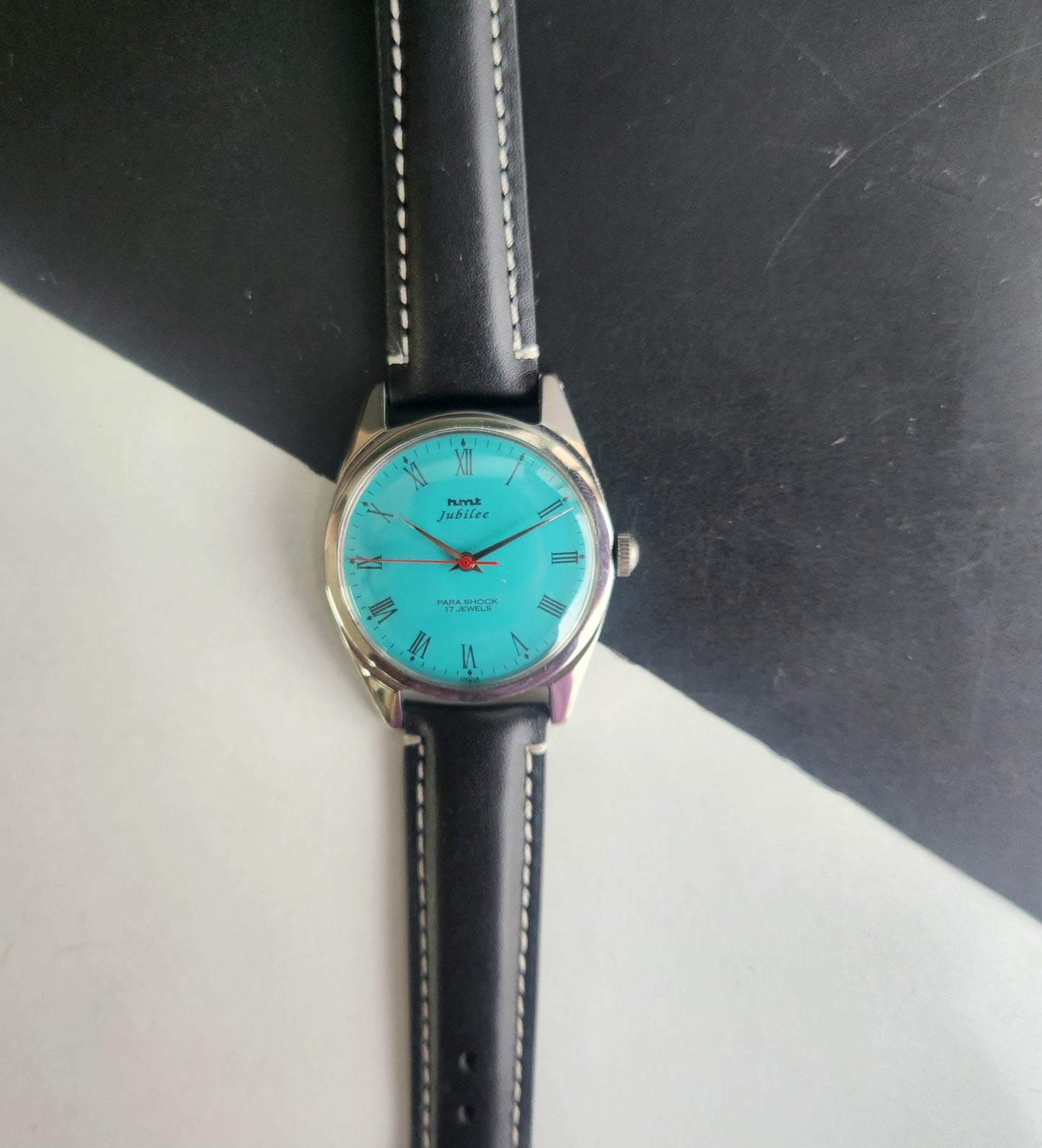 Vintage HMT Jubilee Hand Winding 17 Jewels Tiffany Blue Face 35mm Silver Case Black Leather Strap Men's Wrist Watch G83