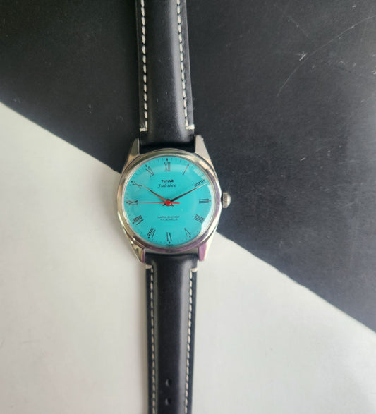 Vintage MOD HMT Jubilee Hand Winding 17 Jewels Tiffany Blue Face 35mm Silver Case Black Leather Strap Men's Wrist Watch G83