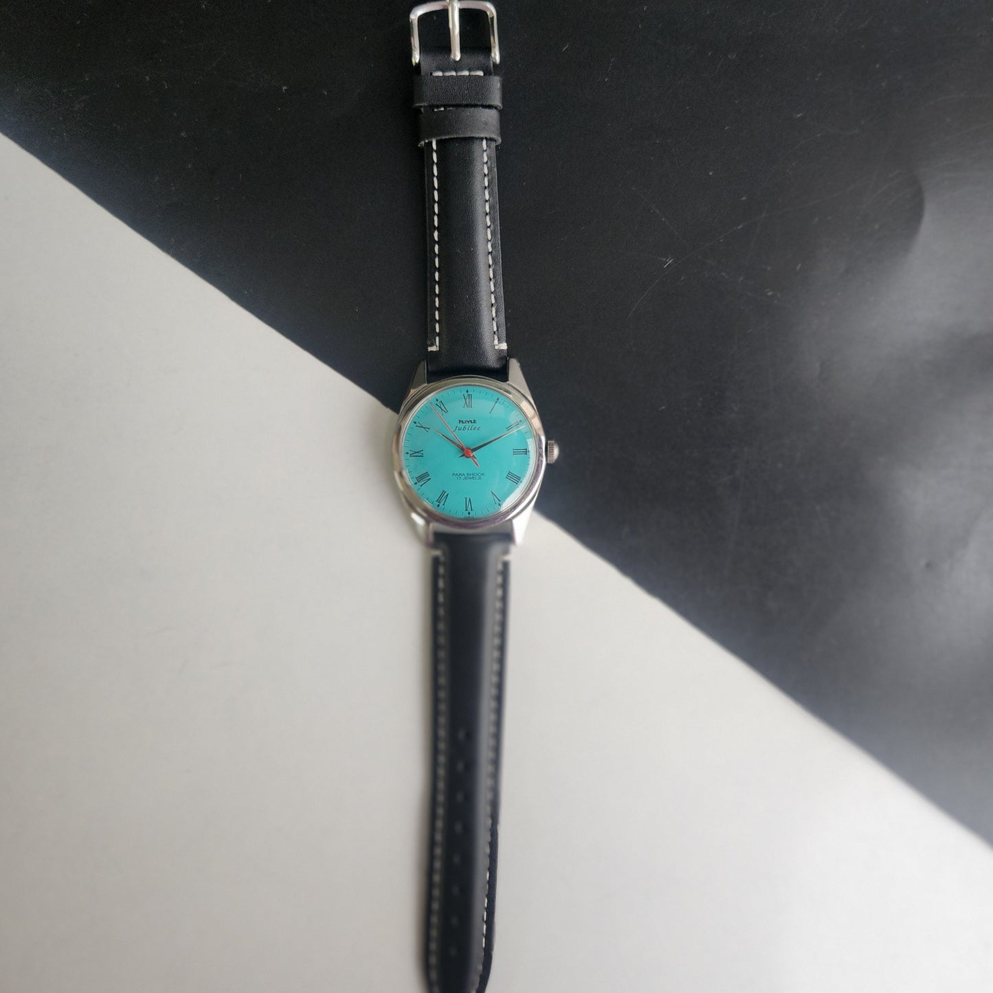 Vintage HMT Jubilee Hand Winding 17 Jewels Tiffany Blue Face 35mm Silver Case Black Leather Strap Men's Wrist Watch G83